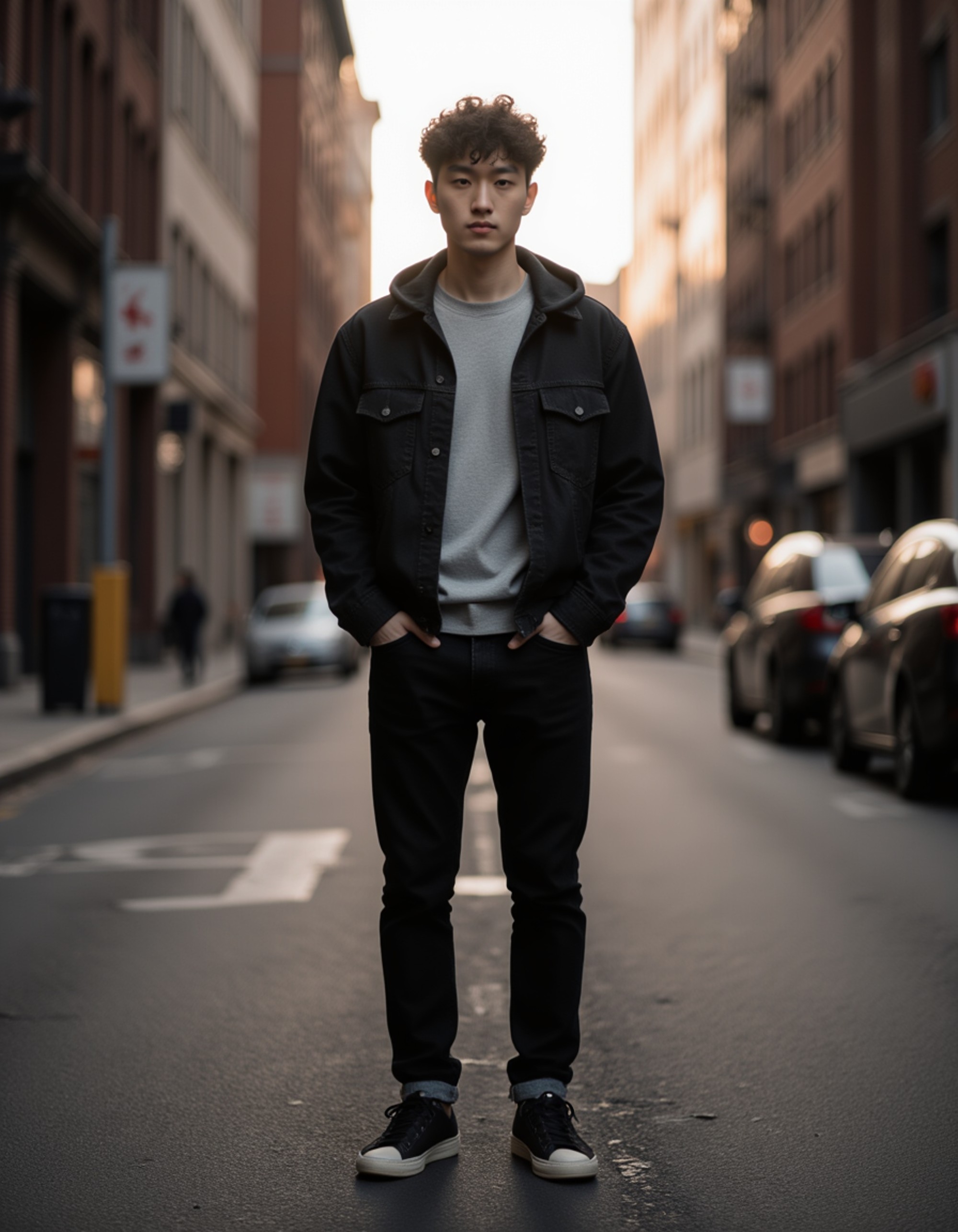 Full-body portrait of a male model in an urban alleyway. Confident pose, hands in pockets, dressed in layered streetwear. Natural lighting with cinematic tones, authentic street photography aesthetic.