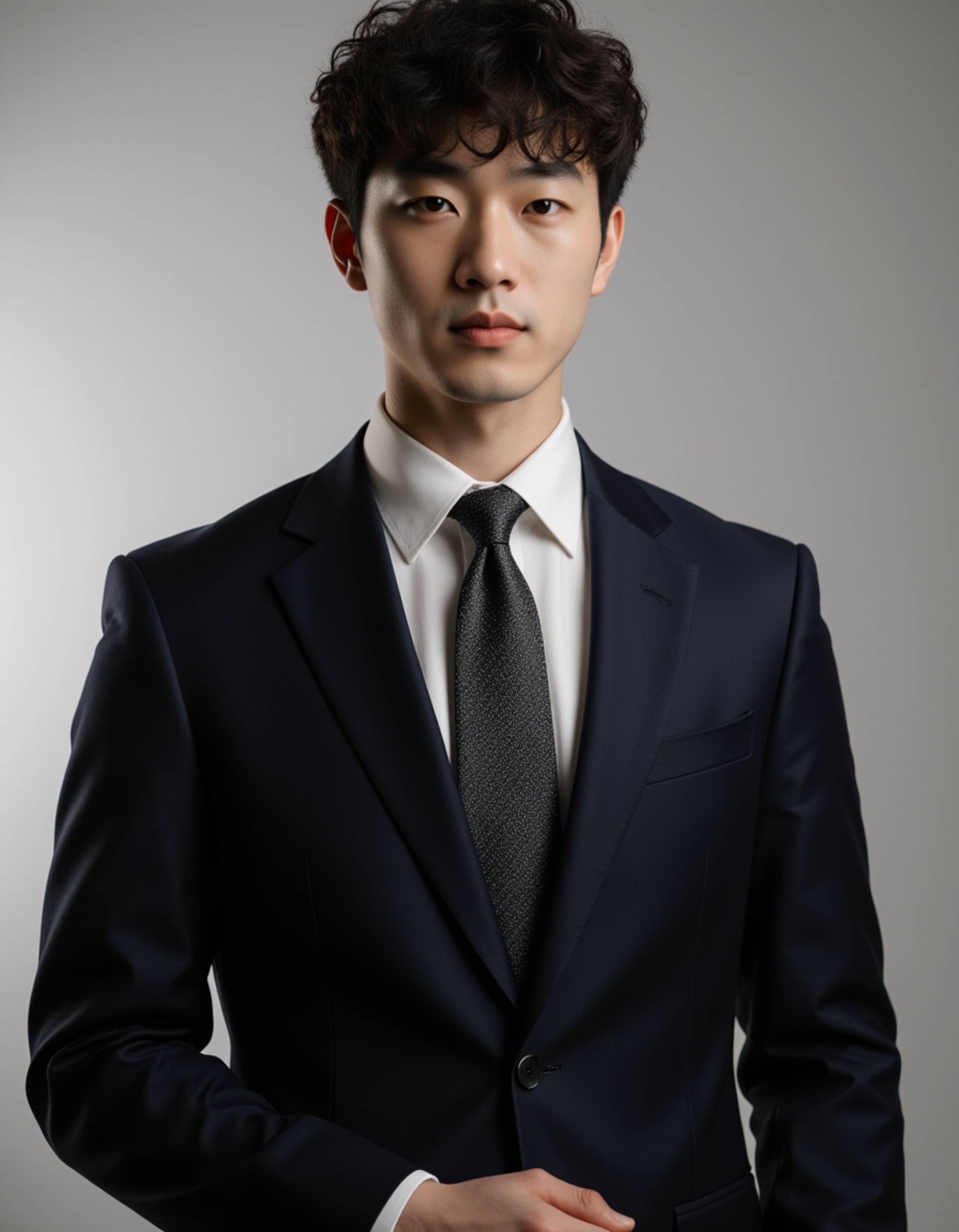 Studio portrait of a male model wearing a tailored suit. Strong jawline highlighted by side lighting, minimalistic background, professional editorial photography.