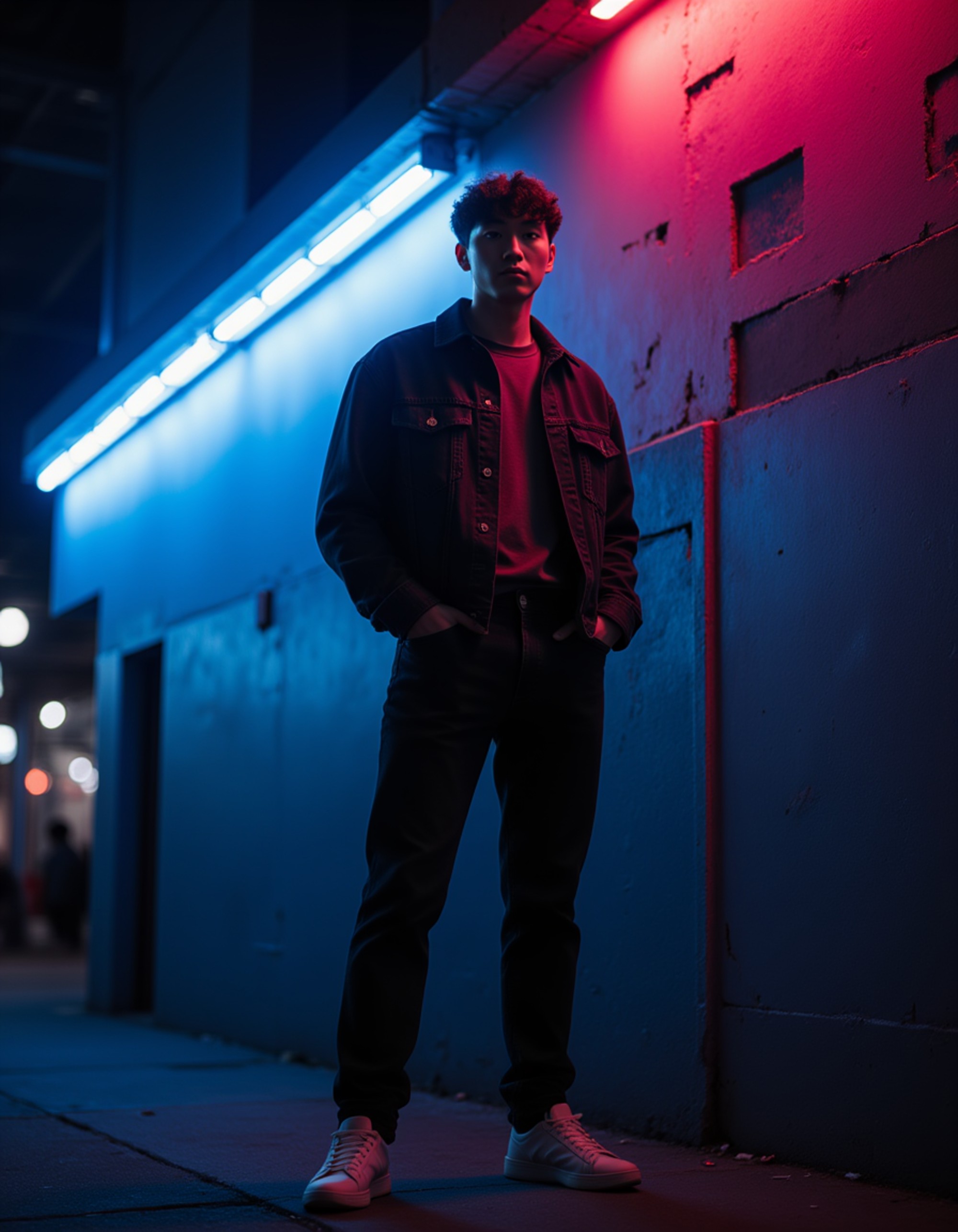 Male model standing in front of a neon-lit wall at night. Cool-toned reflections, moody ambiance, fashion-forward street style. Cinematic cyberpunk vibe.