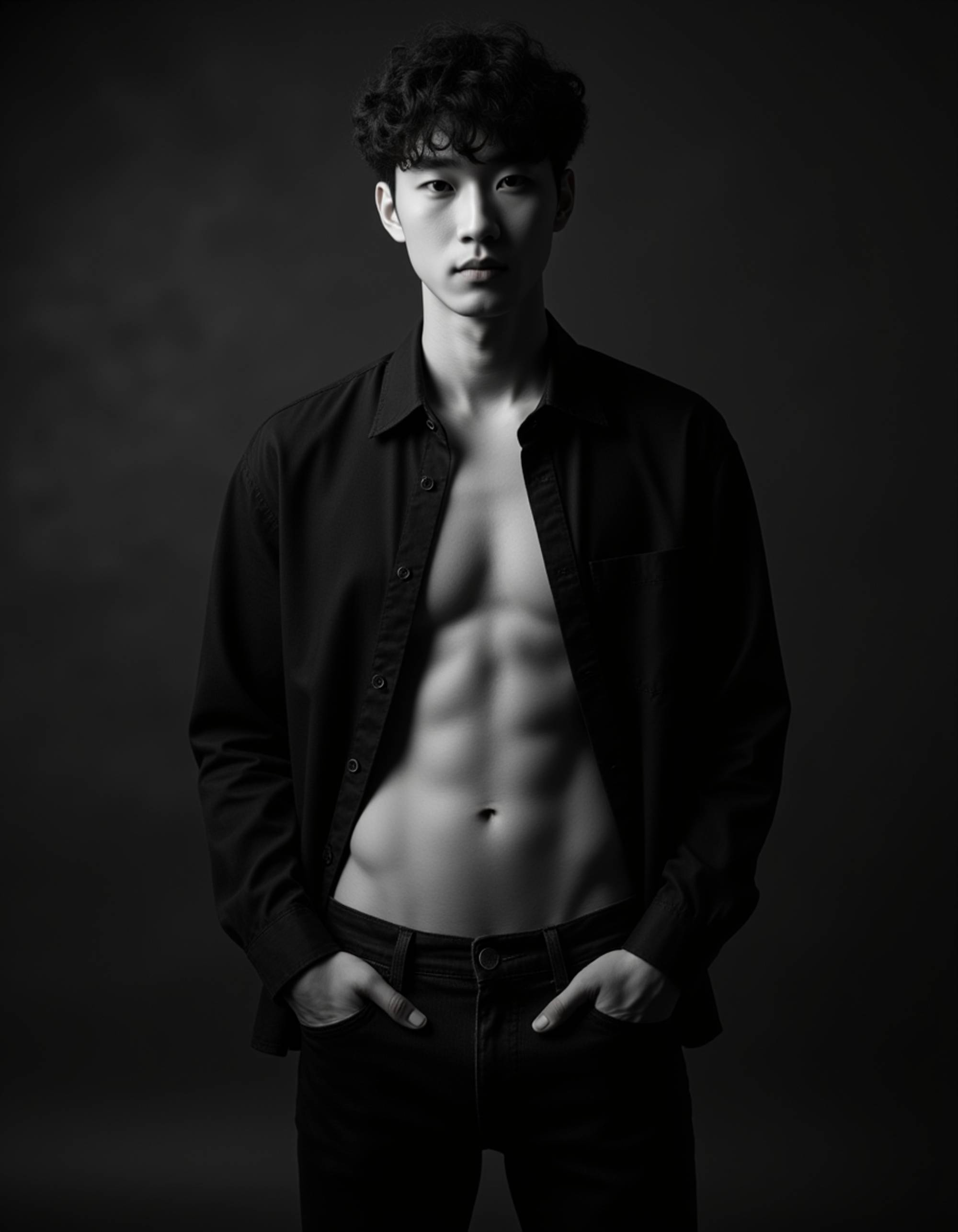 Black and white full-body portrait of a male model. Bold stance, shirt slightly unbuttoned, dramatic shadows emphasizing physique. Artistic monochrome photography.