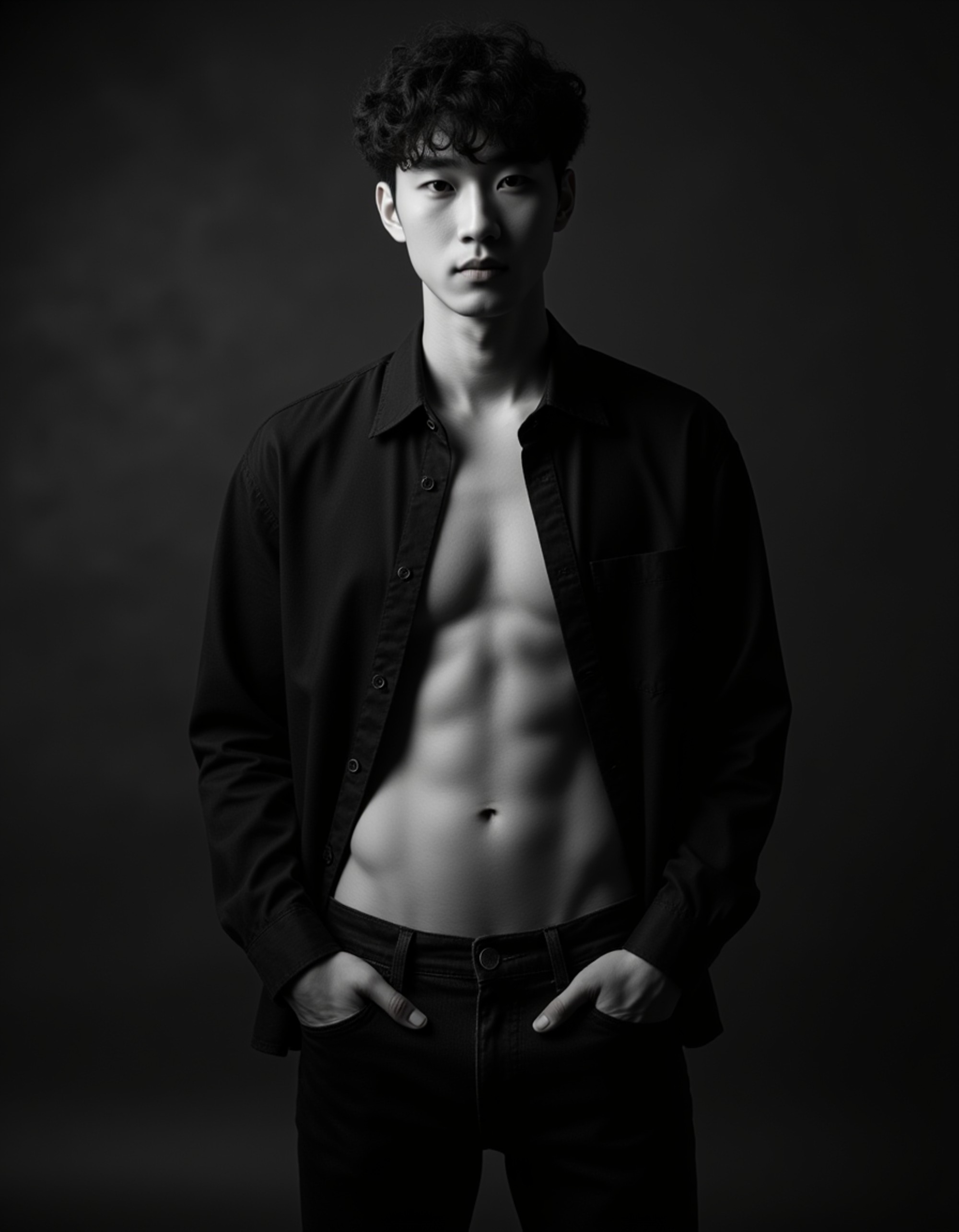 Black and white full-body portrait of a male model. Bold stance, shirt slightly unbuttoned, dramatic shadows emphasizing physique. Artistic monochrome photography.