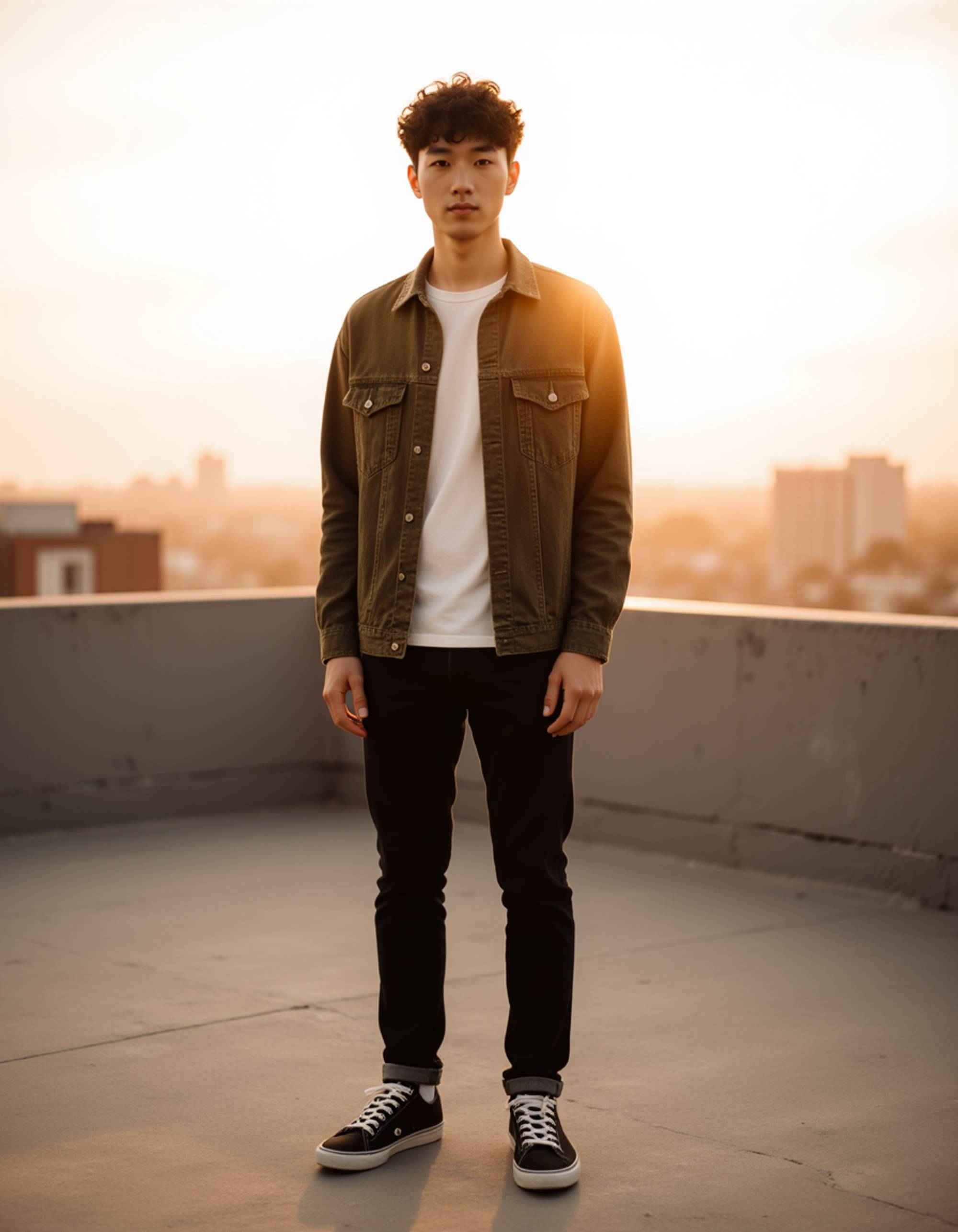 Full-body outdoor portrait of a male model on a rooftop at golden hour. Casual outfit, wind blowing through hair, confident gaze into distance. Lifestyle photography with warm tones.