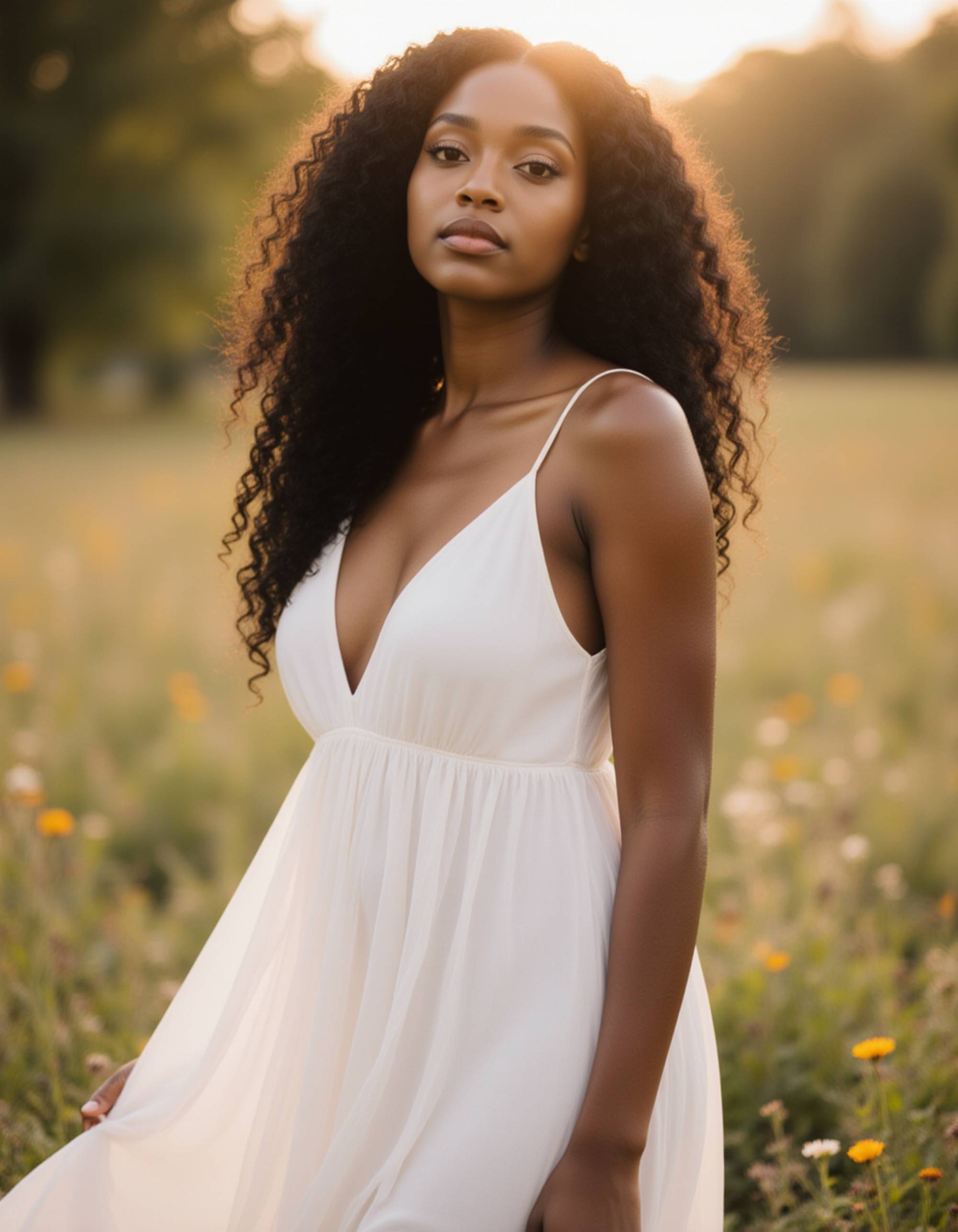 Full-body portrait of a female model in soft natural light. Flowing dress, gentle pose, and serene expression. Dreamy, ethereal atmosphere with cinematic depth of field.