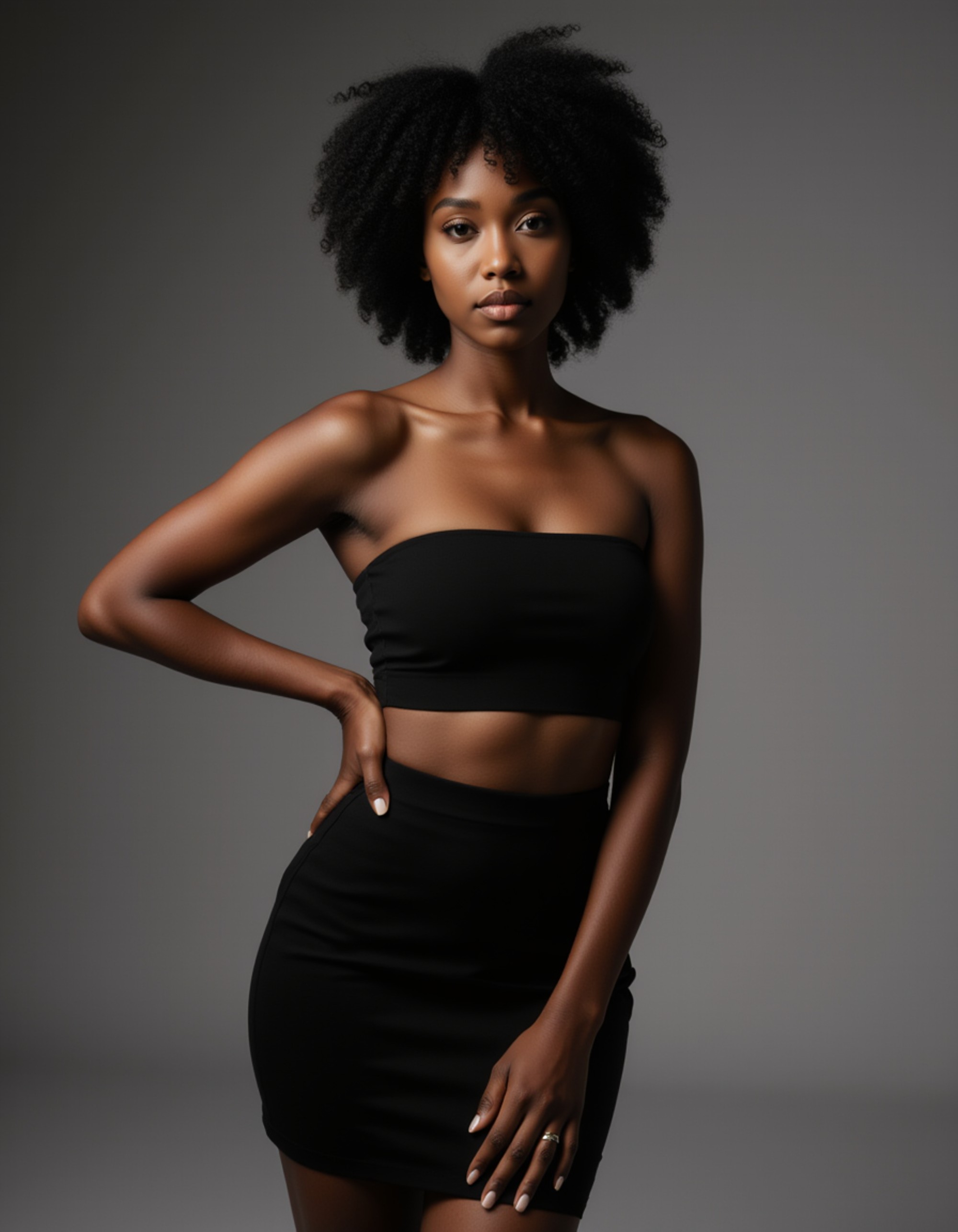 Studio fashion portrait of a female model. Bold stance, elegant outfit with high-contrast lighting. Professional, editorial-style photography.