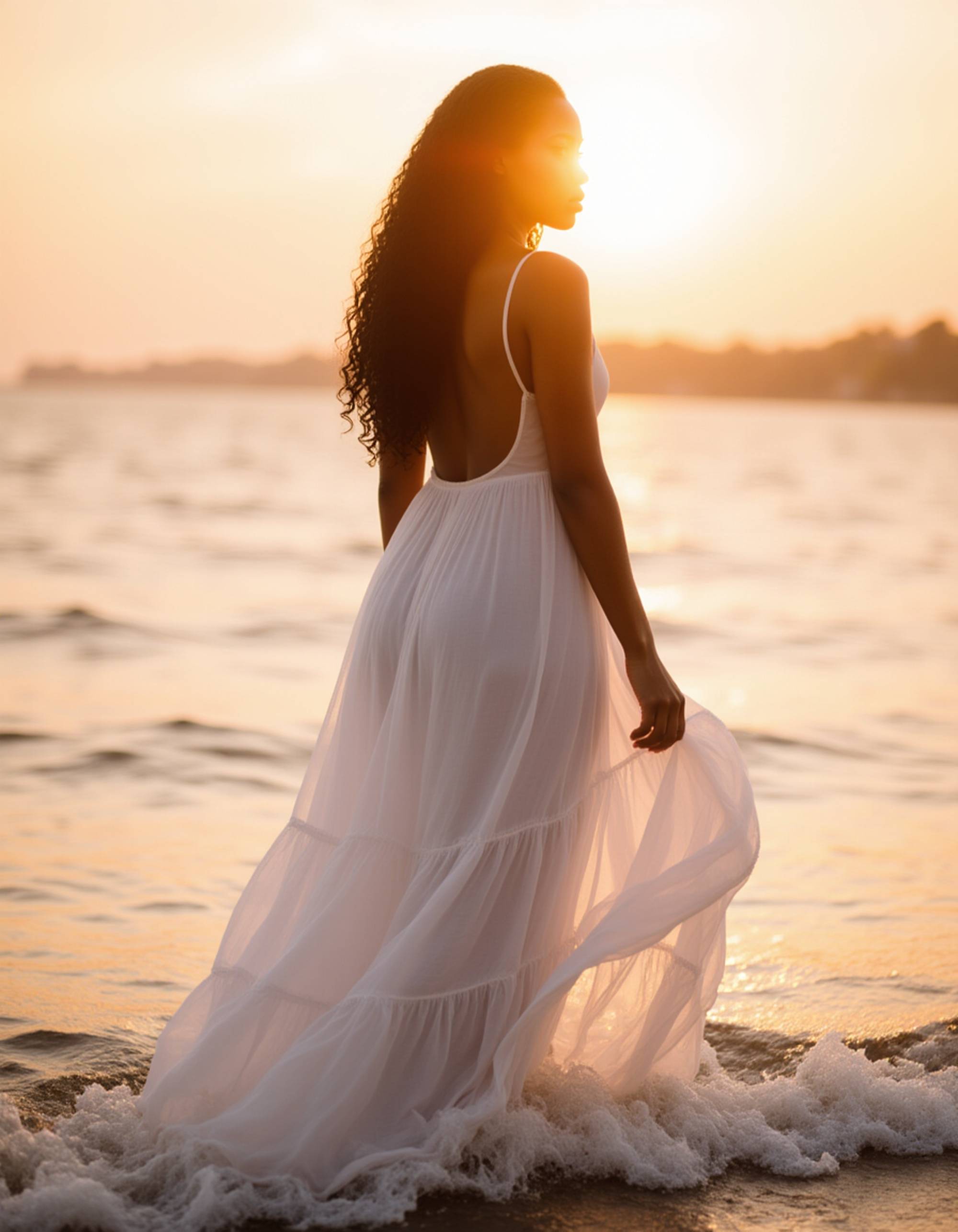 Full-body beachside portrait of a female model during sunset. Flowing outfit, natural movement, soft warm lighting. Captures freedom and elegance.