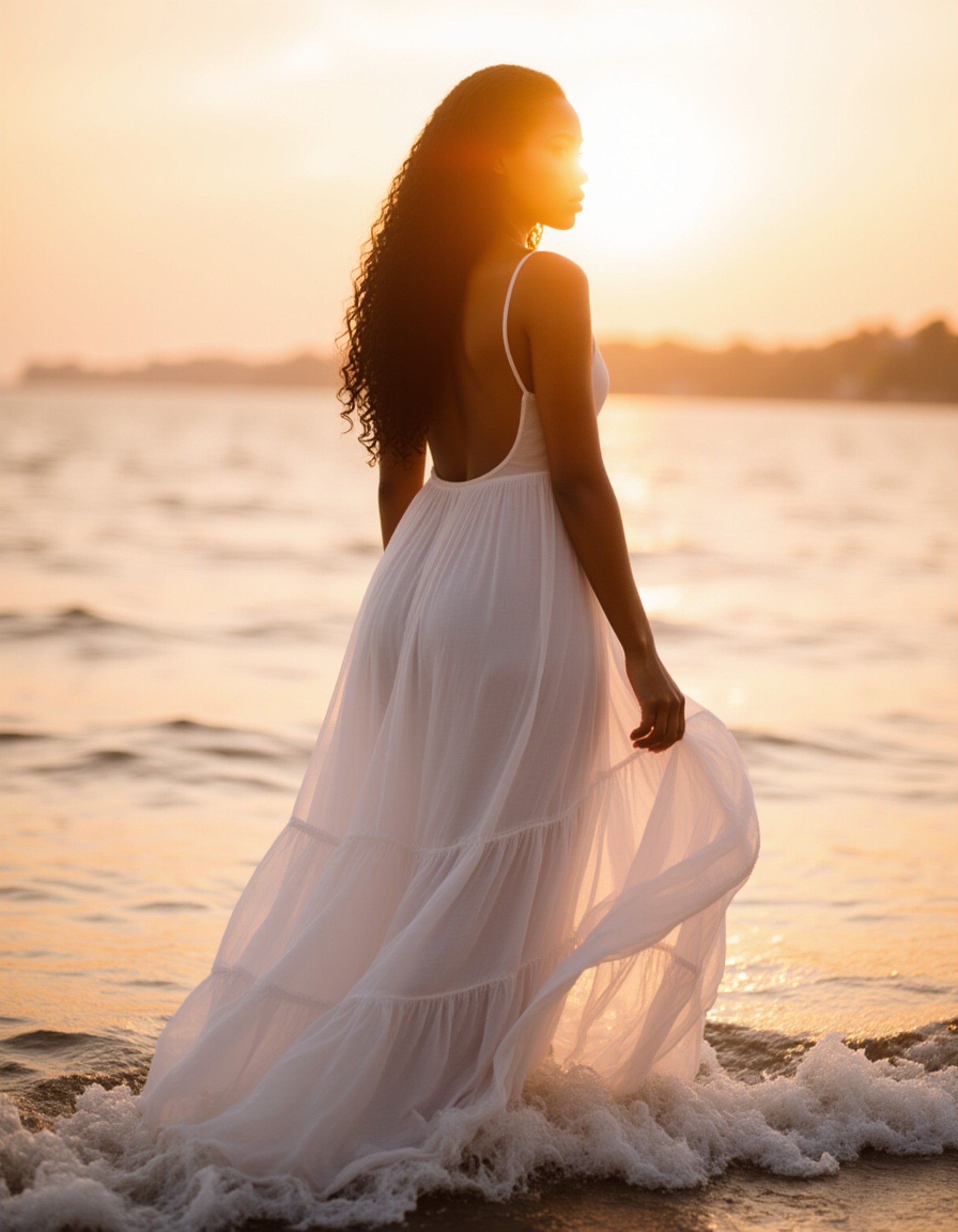 Full-body beachside portrait of a female model during sunset. Flowing outfit, natural movement, soft warm lighting. Captures freedom and elegance.
