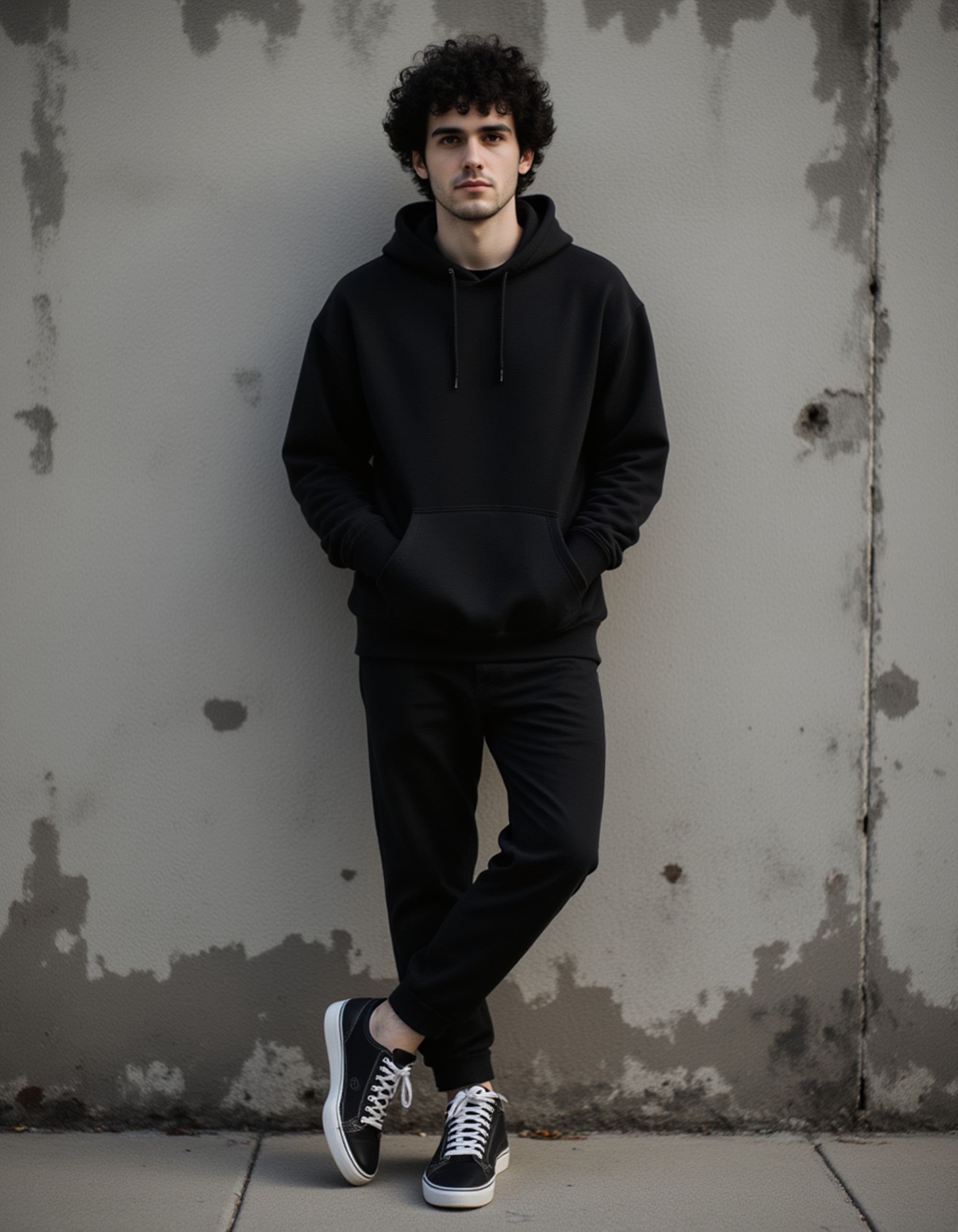 Full-body portrait of a male model in casual streetwear. Leaning against a textured concrete wall, moody daylight, urban editorial vibe.