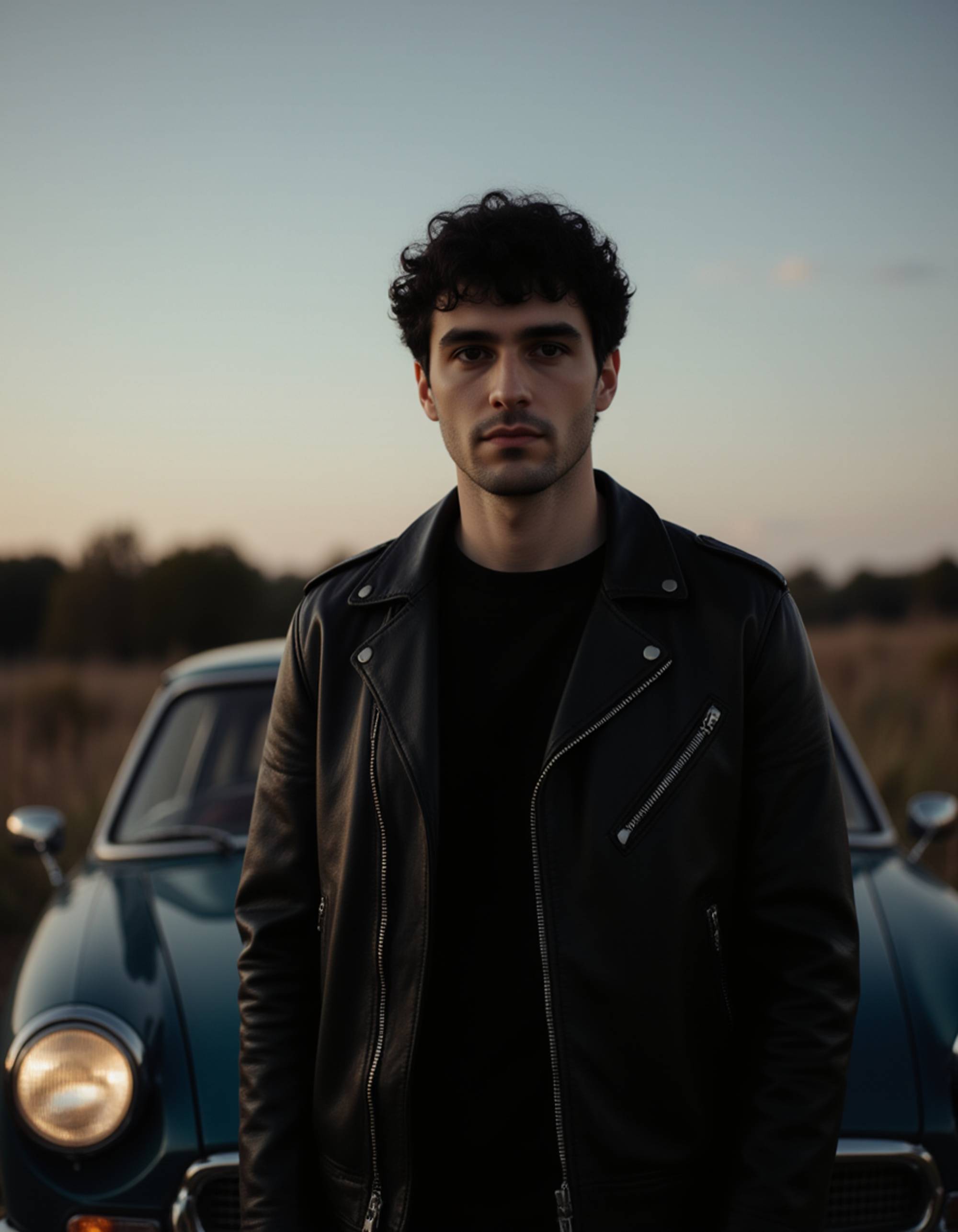 Male model standing in front of a classic car at twilight. Strong stance, leather jacket, cinematic shadows, nostalgic film aesthetic.