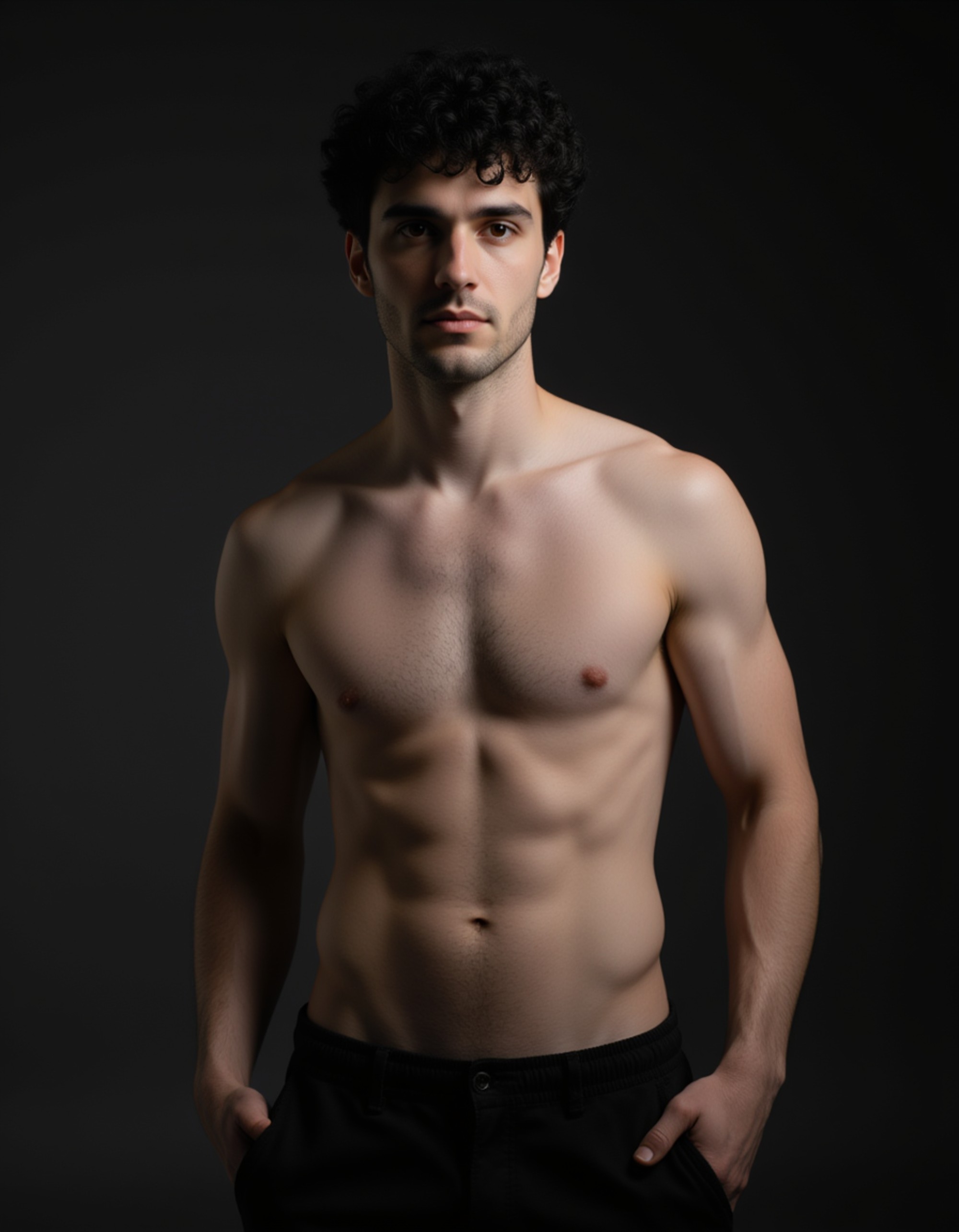Studio portrait of a male model in minimal clothing. Dramatic top lighting, sculpted physique highlighted, artistic fine-art photography.