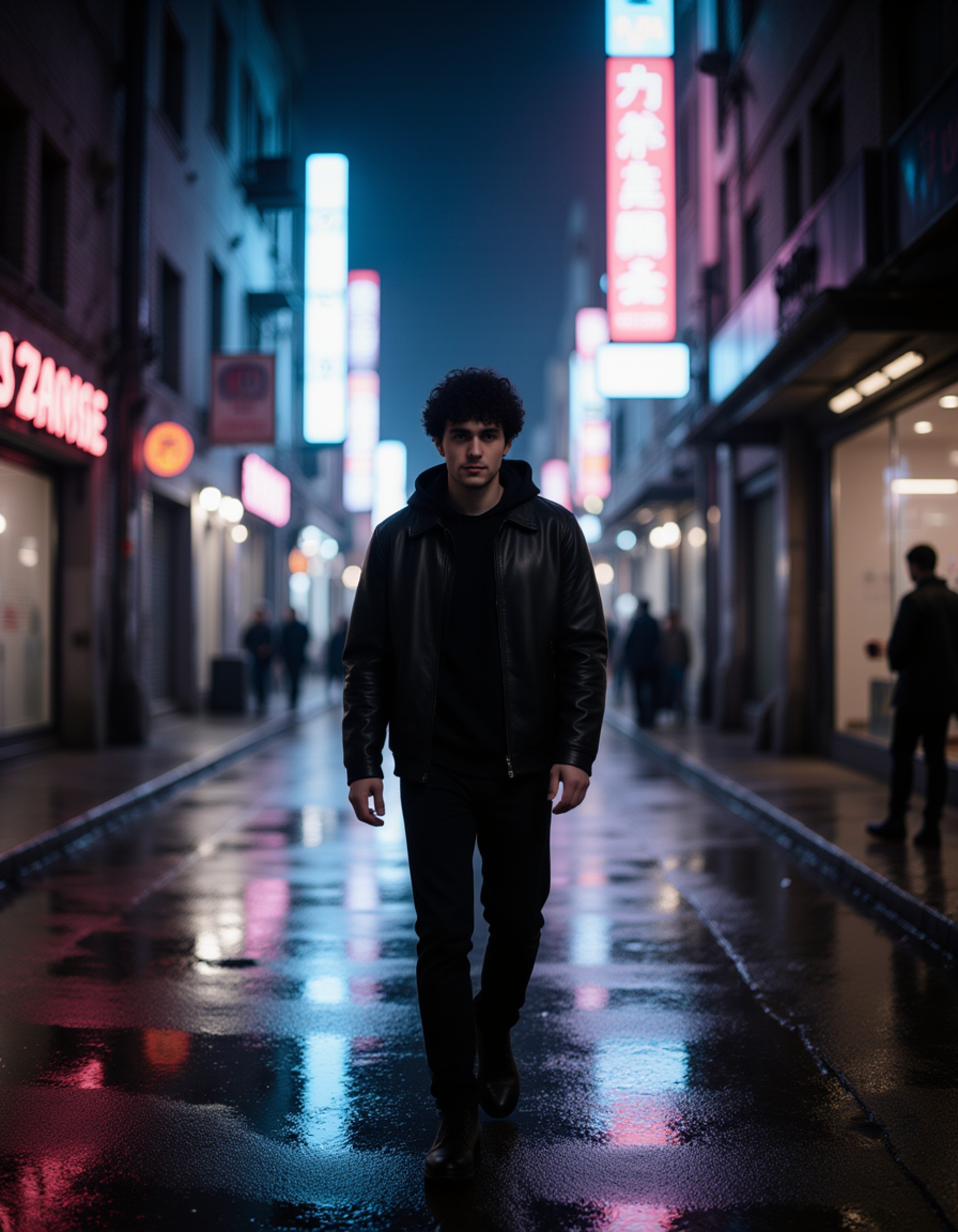 Male model walking through rain-soaked streets at night. Reflective puddles, neon lights, melancholic expression. Cinematic cyberpunk scene.