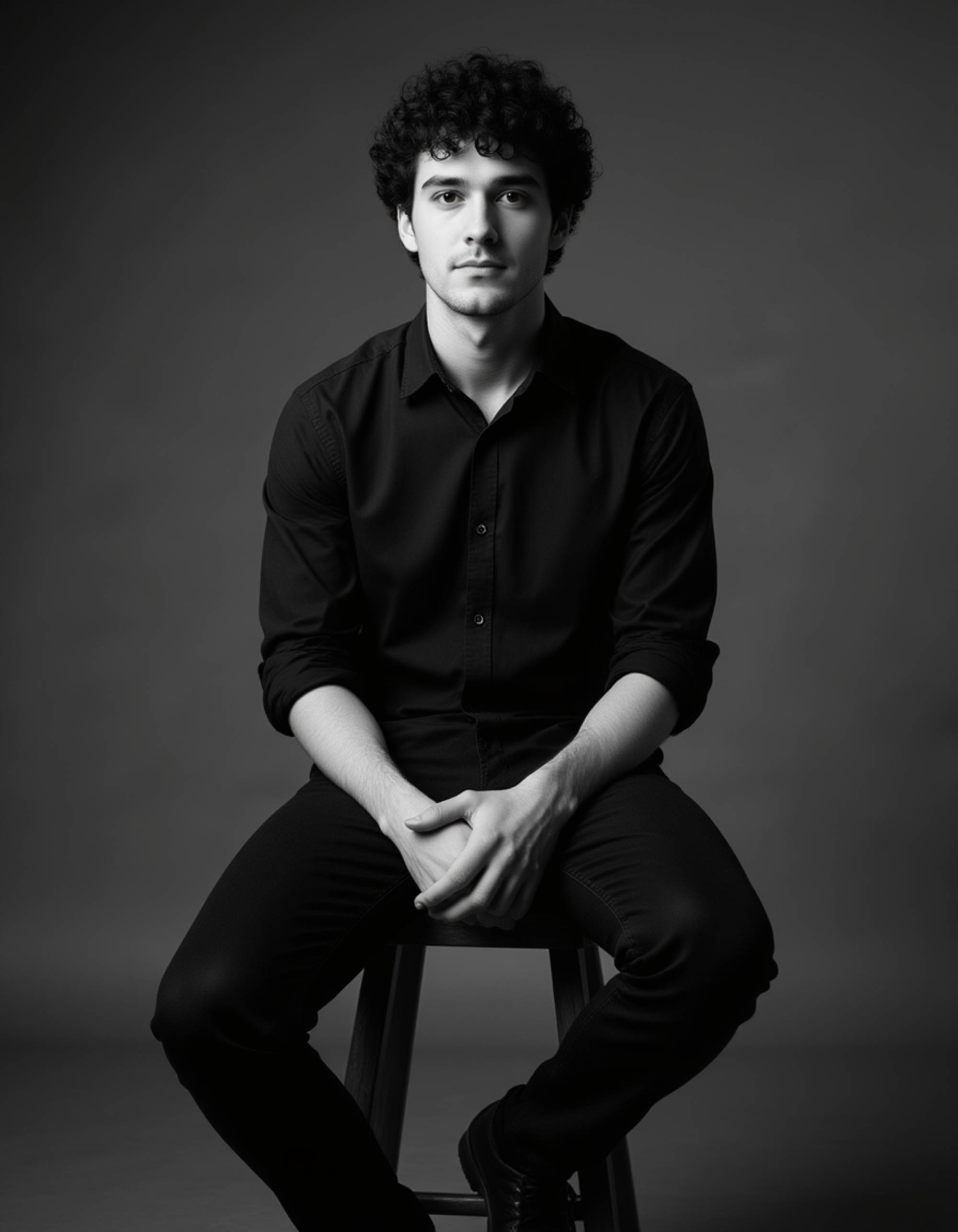 Black and white full-body portrait of a male model sitting on a stool. Relaxed yet confident posture, soft light and rich texture, timeless monochrome style.