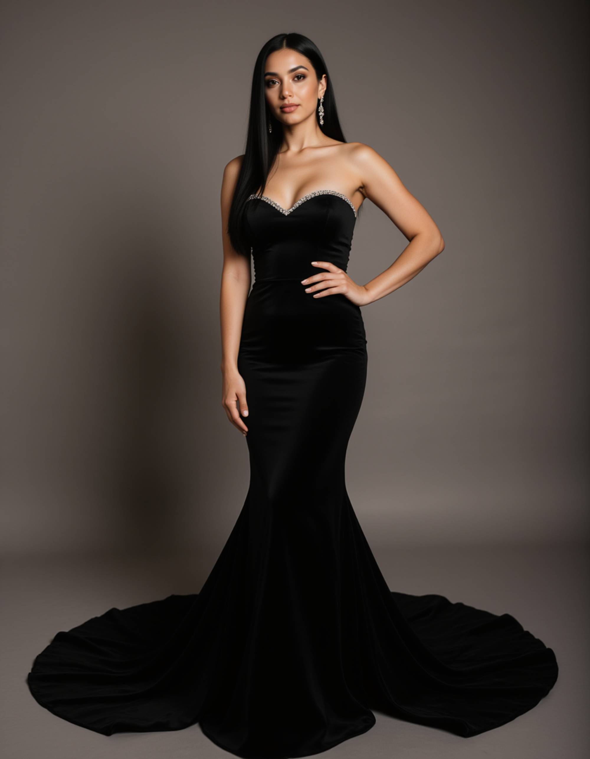 Full-body portrait of a female model in an elegant evening gown. Soft studio lighting, graceful pose, refined high-fashion photography.