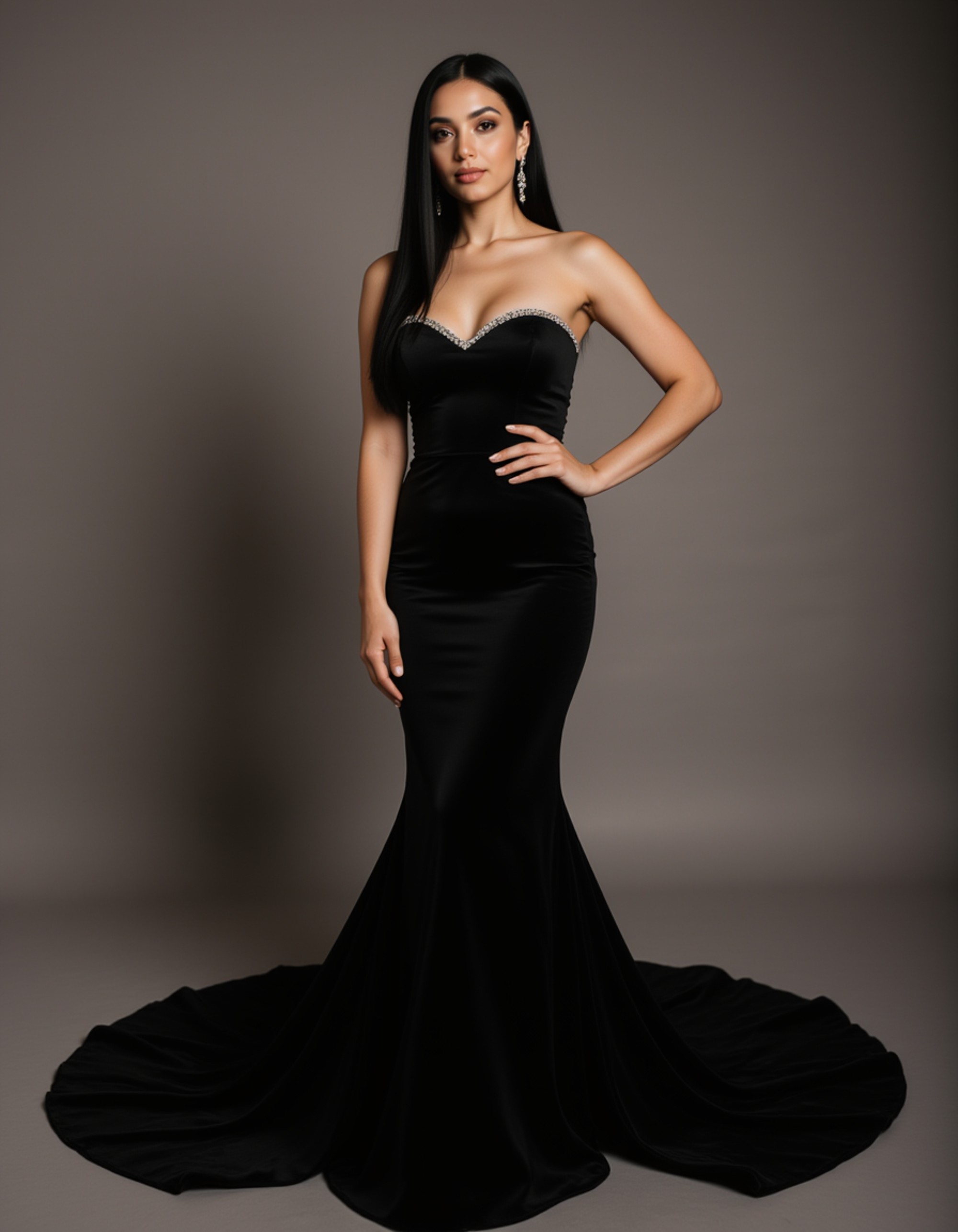 Full-body portrait of a female model in an elegant evening gown. Soft studio lighting, graceful pose, refined high-fashion photography.