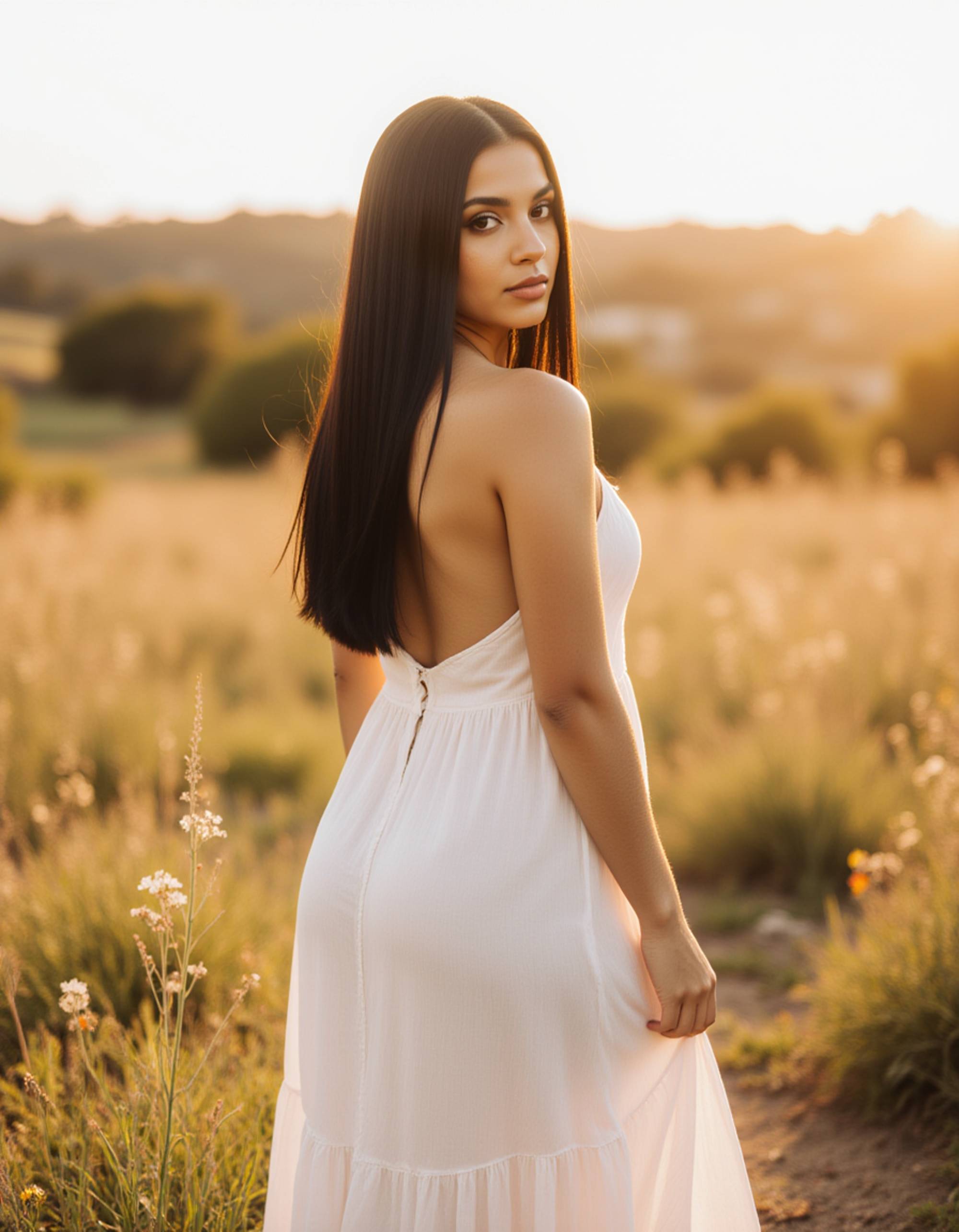 Female model in a sunlit meadow, wearing a flowing white dress. Natural light, gentle breeze, dreamy bohemian aesthetic.