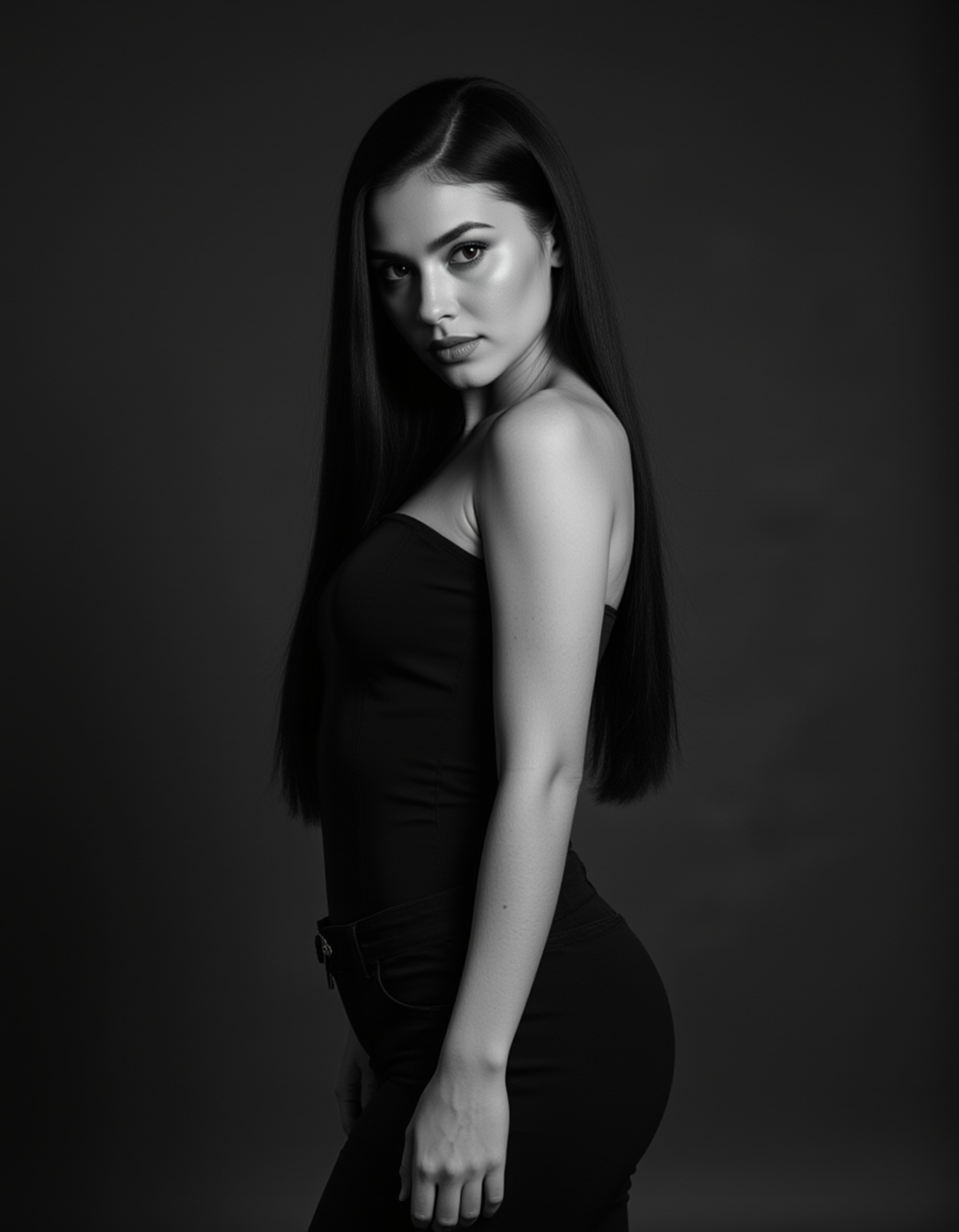 Black and white full-body portrait of a female model. Strong gaze, bold pose, dramatic contrast. Classic monochrome editorial photography.