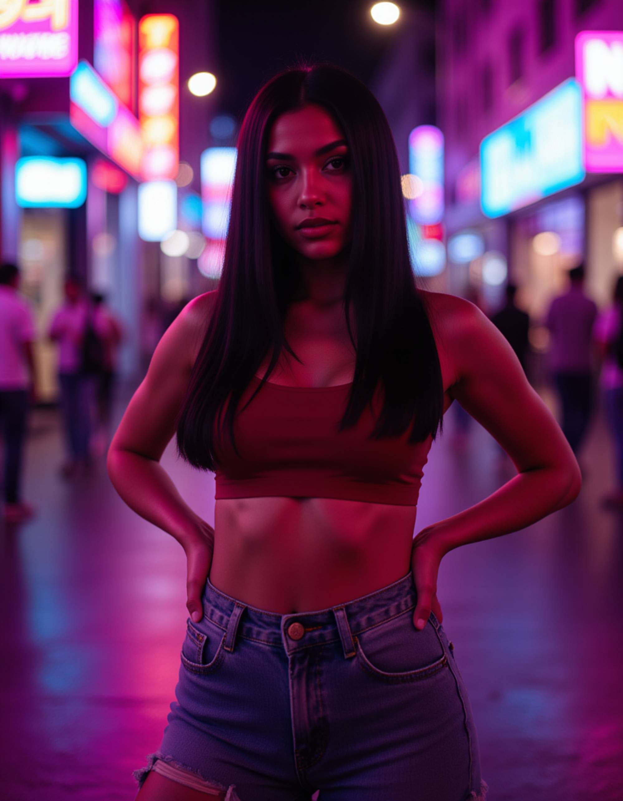 Full-body portrait of a female model under neon lights. Vibrant colors, reflective surfaces, cinematic nightlife vibe.