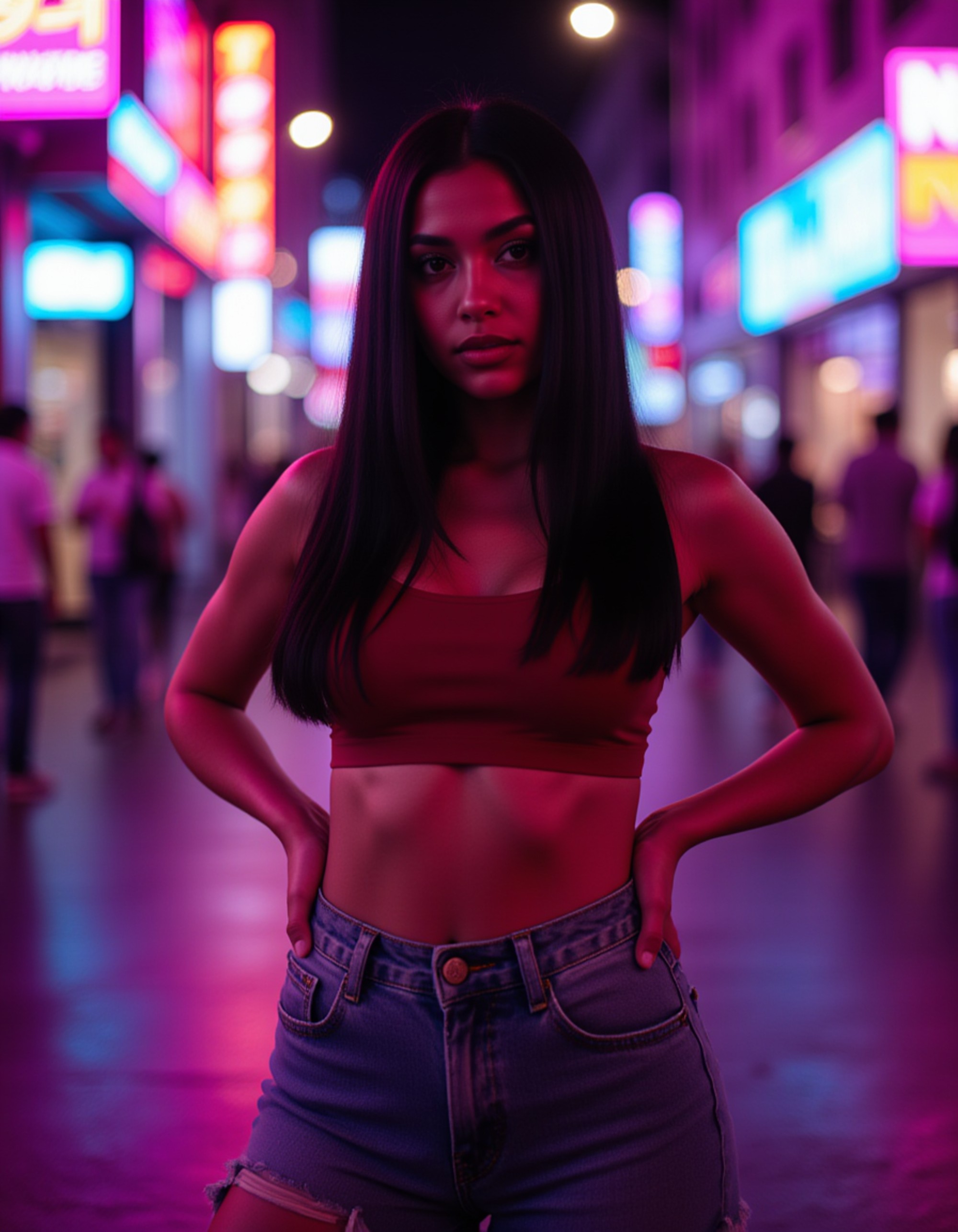Full-body portrait of a female model under neon lights. Vibrant colors, reflective surfaces, cinematic nightlife vibe.