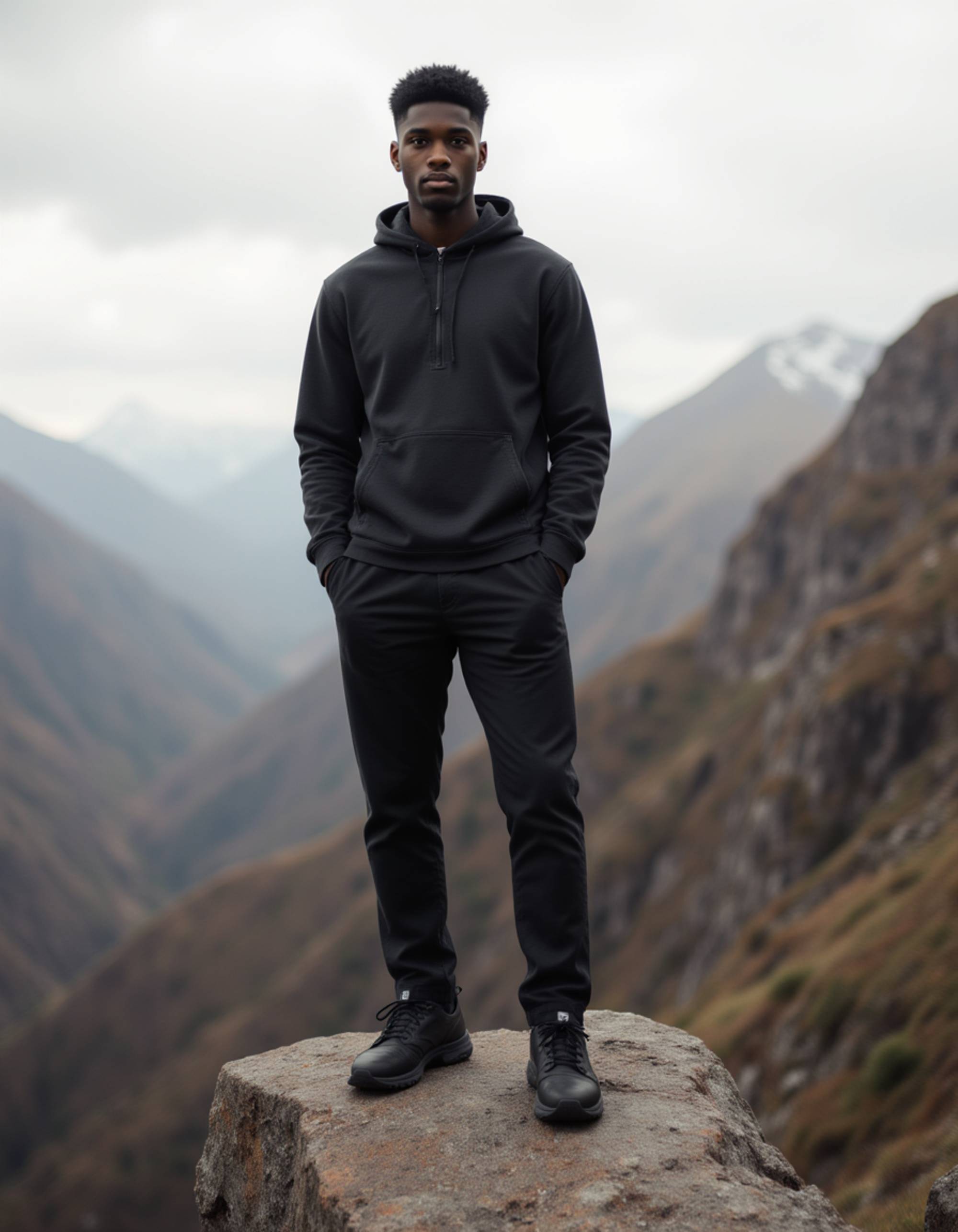 Full-body portrait of a male model in rugged outdoor wear. Standing on rocky terrain under overcast skies, dramatic natural lighting, adventure photography aesthetic.