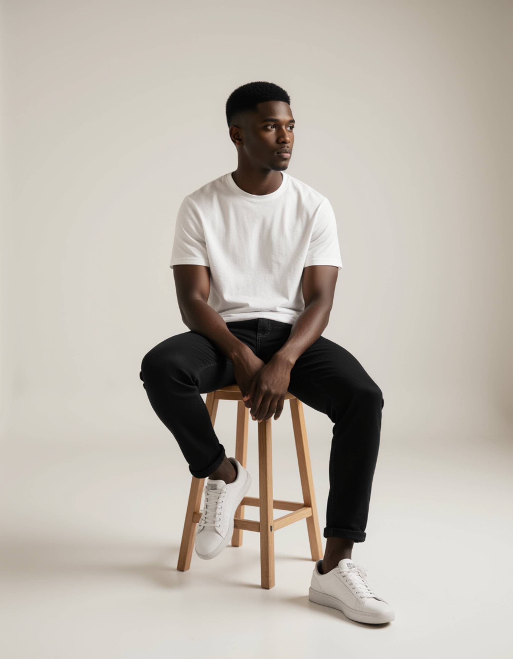 Male model sitting on a stool in a minimalist studio. Neutral tones, contemplative expression, soft shadows, editorial-style portrait.