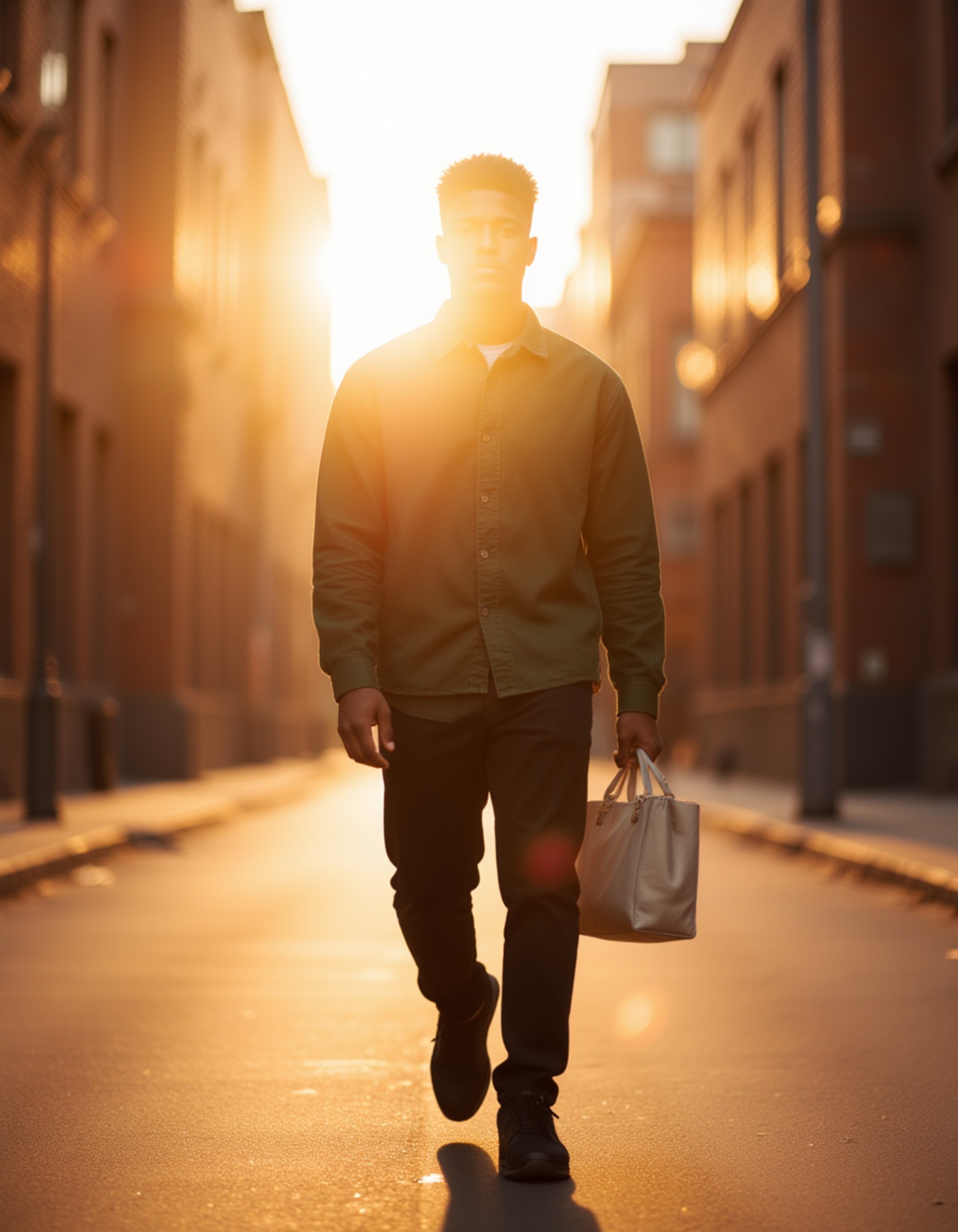 Male model walking through a city at golden hour. Light flares, dynamic movement, casual modern outfit, cinematic storytelling composition.