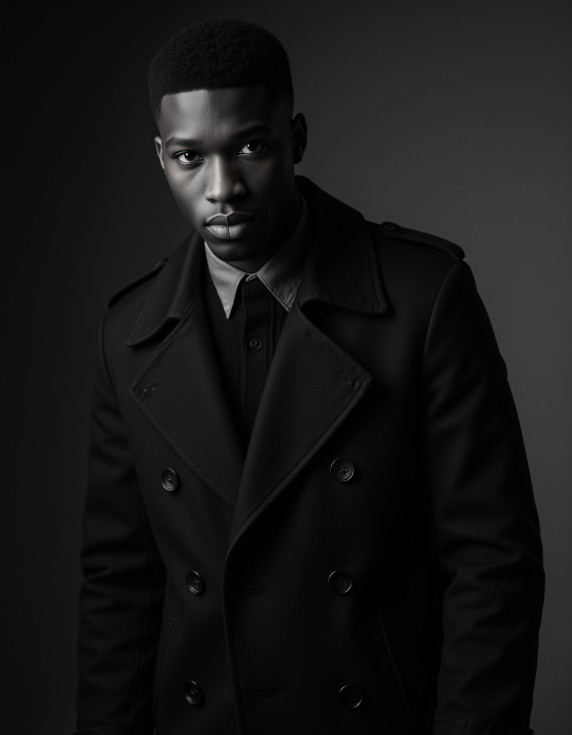Black and white portrait of a male model in a trench coat. Intense gaze, moody atmosphere, high-contrast lighting, artistic noir style.