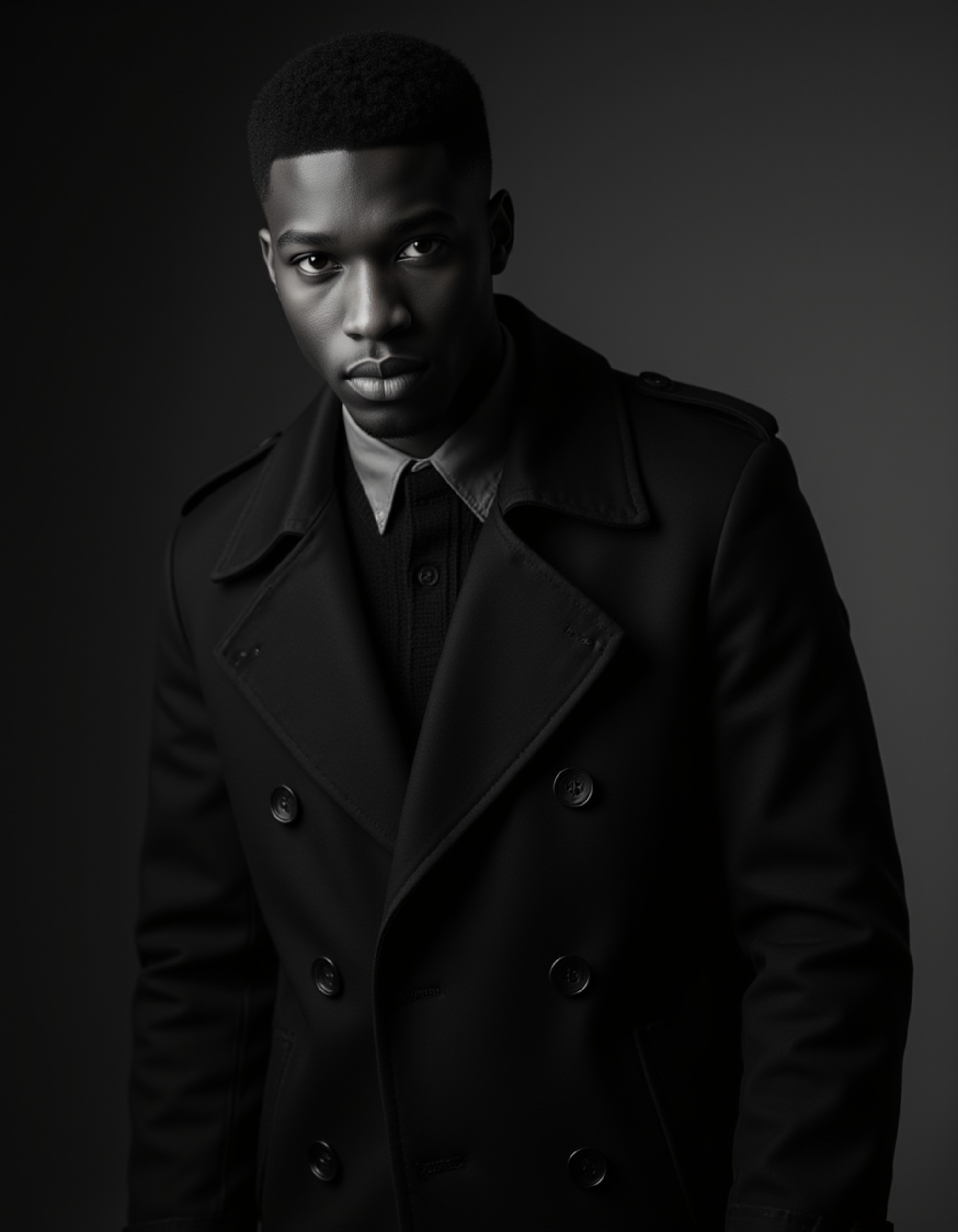 Black and white portrait of a male model in a trench coat. Intense gaze, moody atmosphere, high-contrast lighting, artistic noir style.