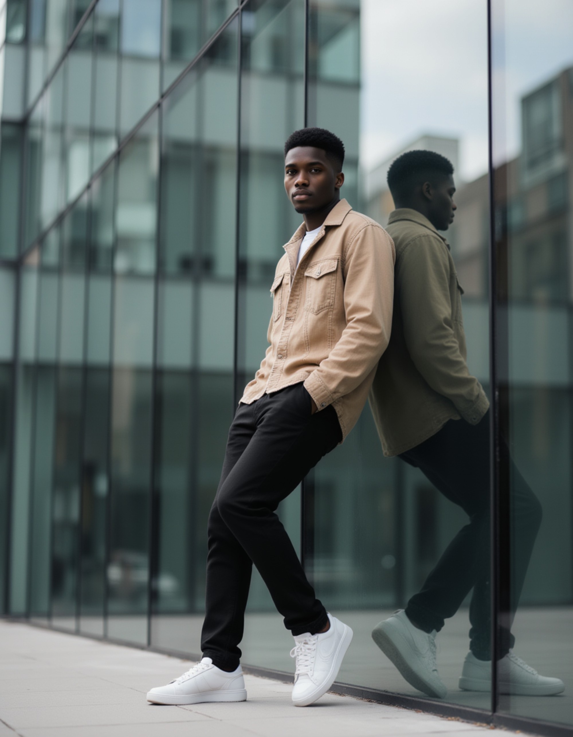 Male model leaning against a glass building facade. Modern fashion outfit, reflections playing across the surface, sleek contemporary aesthetic.
