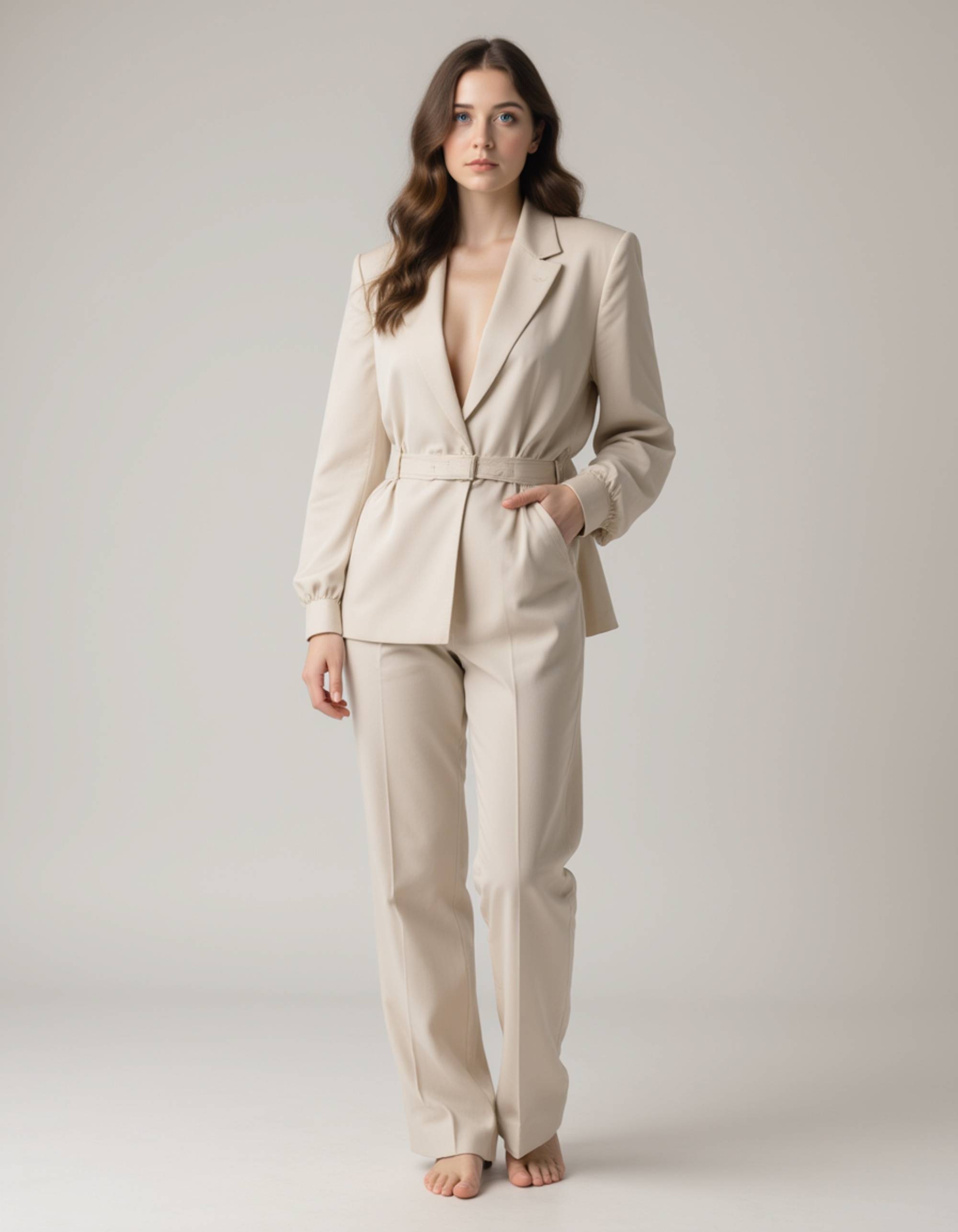 Full-body portrait of a female model in a minimalist studio. Elegant neutral outfit, soft diffused lighting, calm and refined atmosphere.