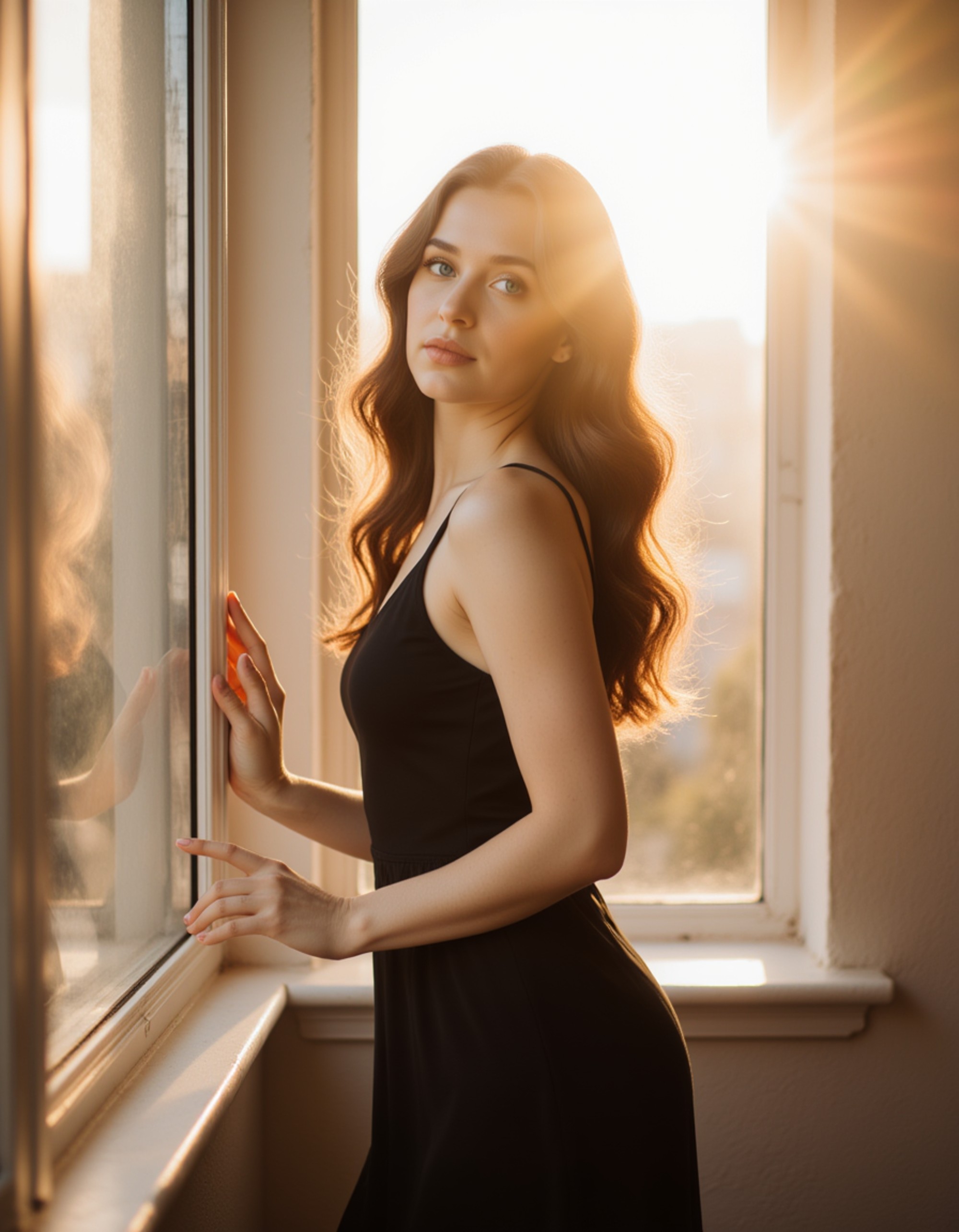 Female model standing near a window with sunlight streaming in. Gentle pose, natural glow, cinematic lifestyle photography.