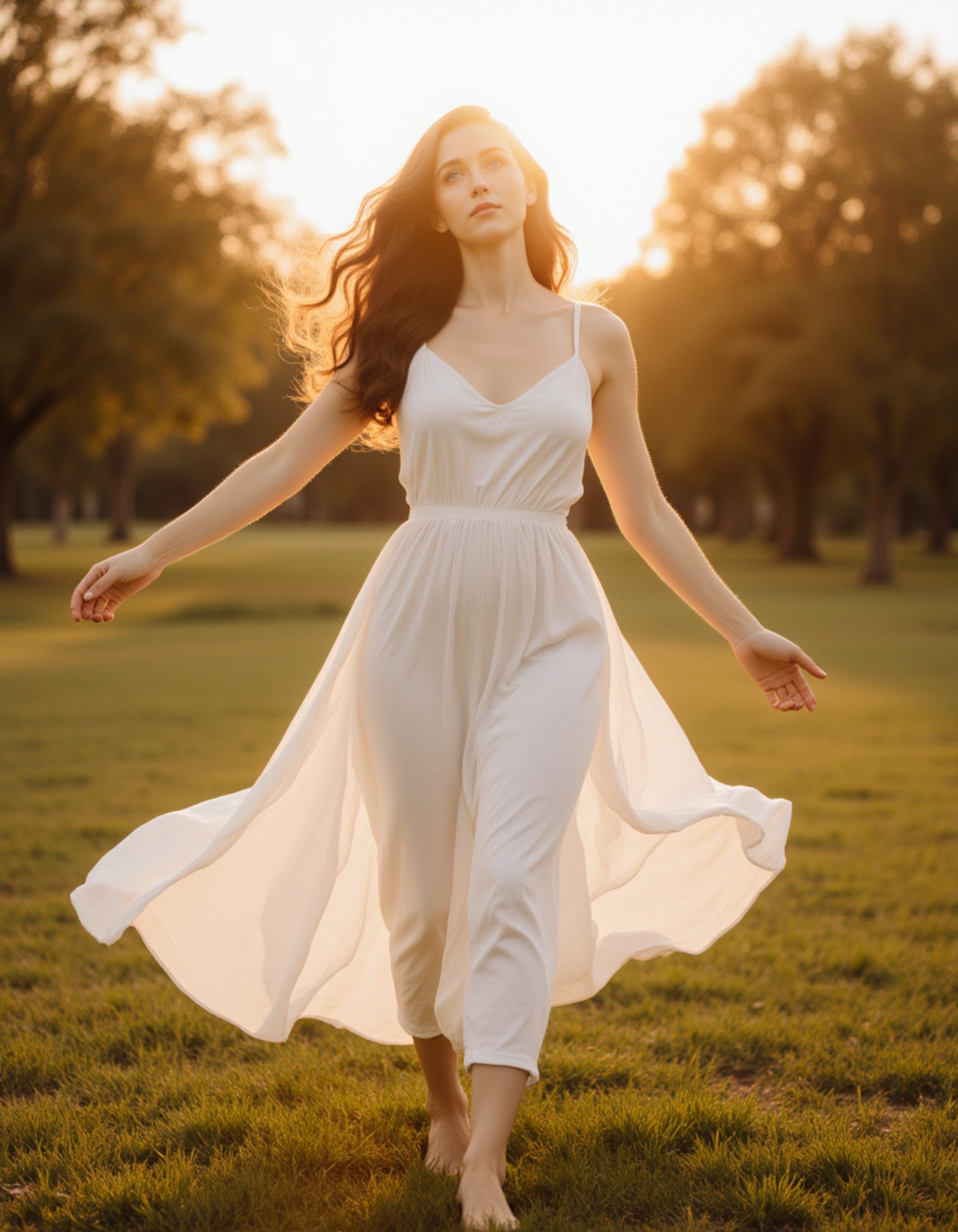 Female model captured mid-motion in a flowing dress. Outdoor setting, golden-hour light, ethereal and expressive energy.