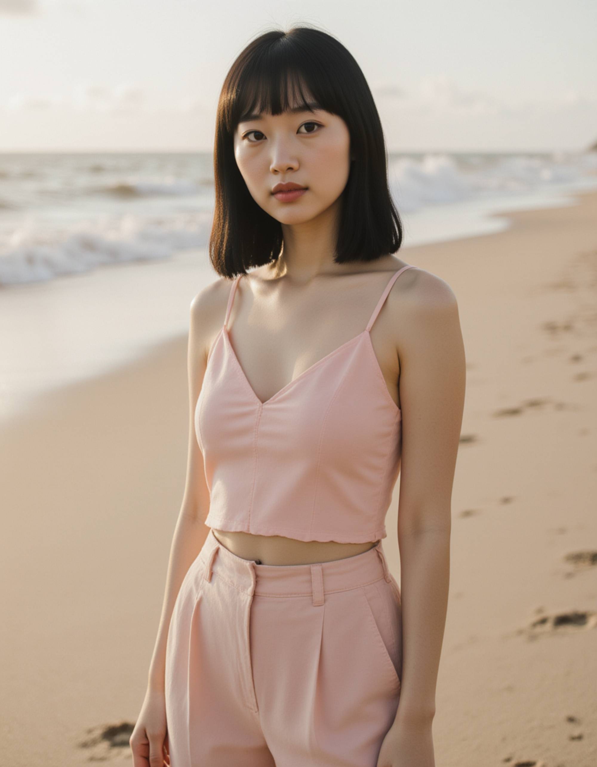 Full-body portrait of a female model in a vintage outfit. Soft pastel tones, nostalgic film grain, gentle natural lighting, retro editorial aesthetic.