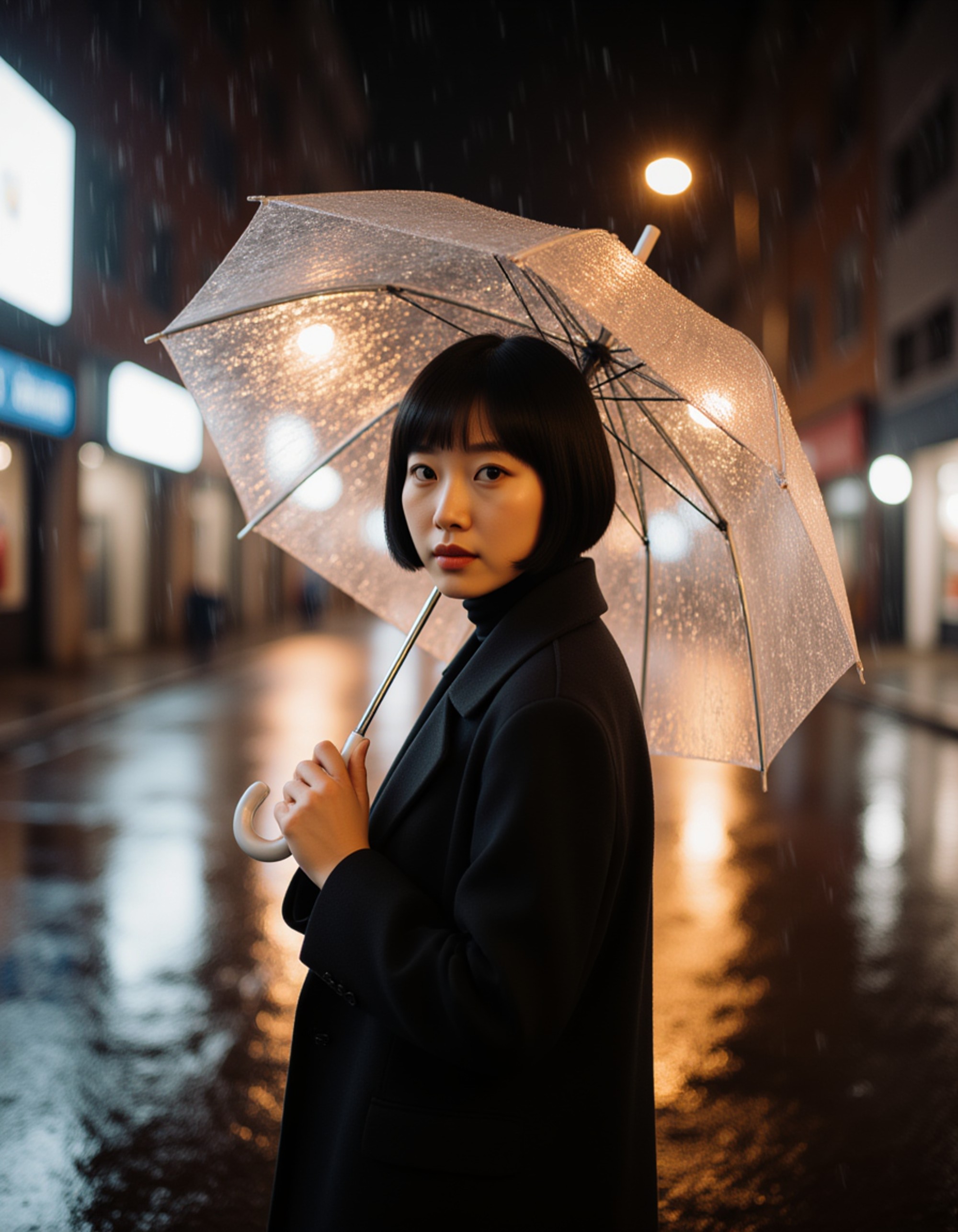 Female model standing in the rain holding a transparent umbrella. Reflective wet pavement, glowing city lights, cinematic romantic mood.