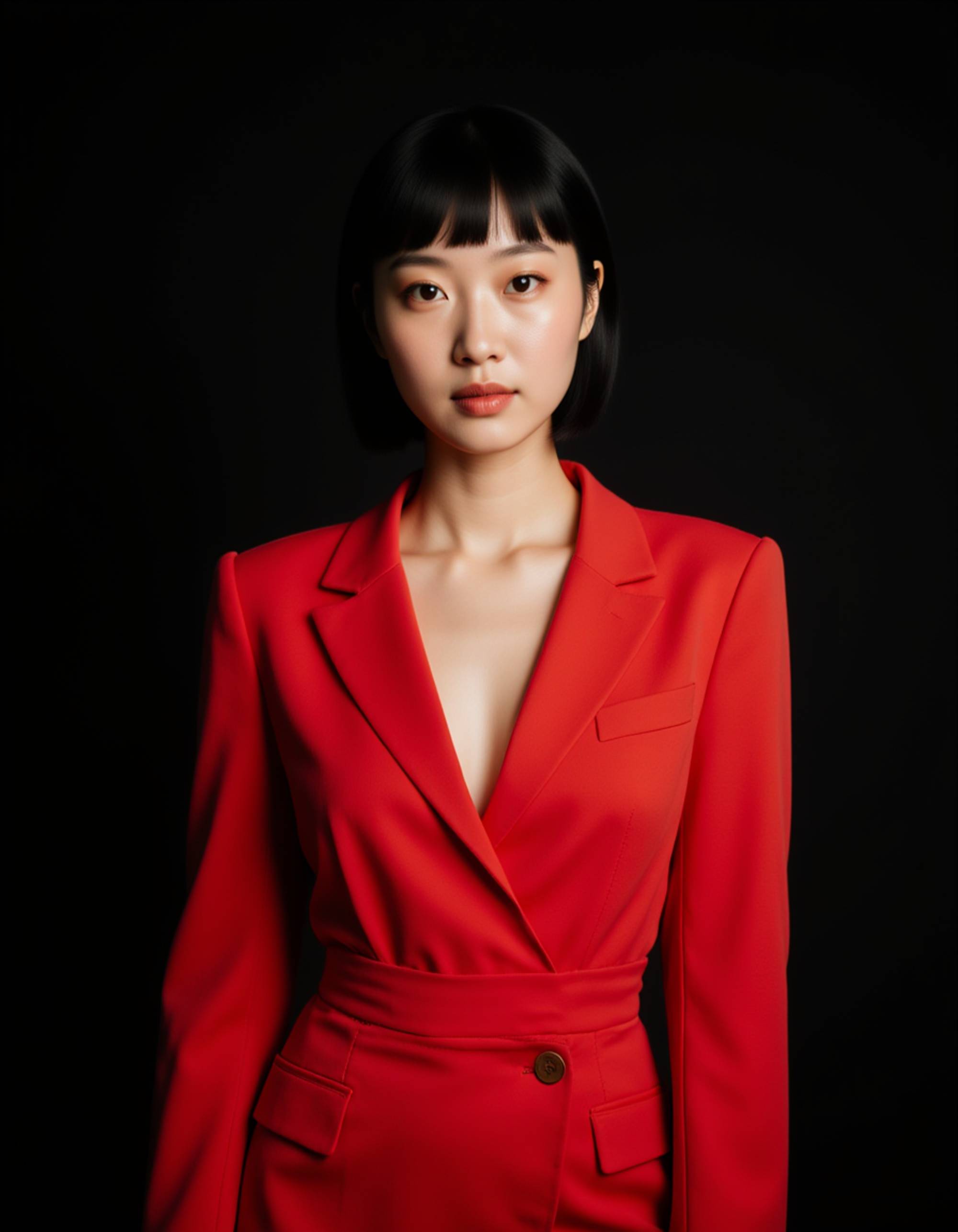 Studio portrait of a female model in a bold red dress. High-contrast lighting, confident expression, elegant fine-art photography.