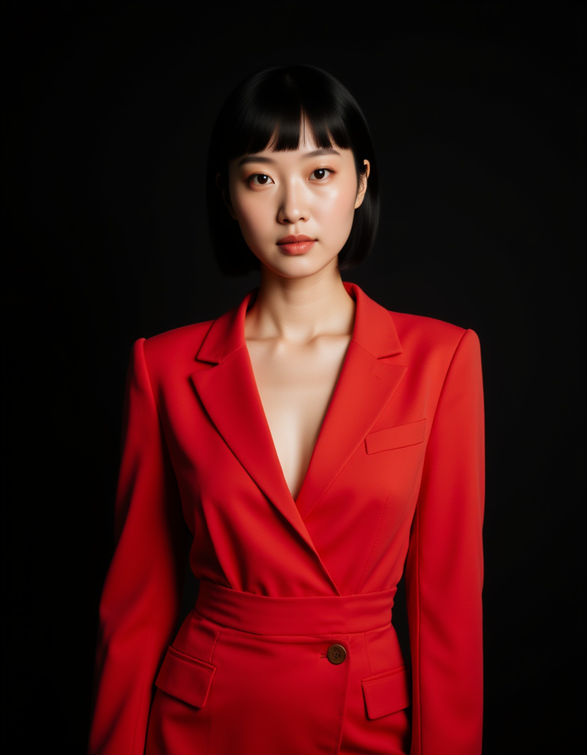 Studio portrait of a female model in a bold red dress. High-contrast lighting, confident expression, elegant fine-art photography.