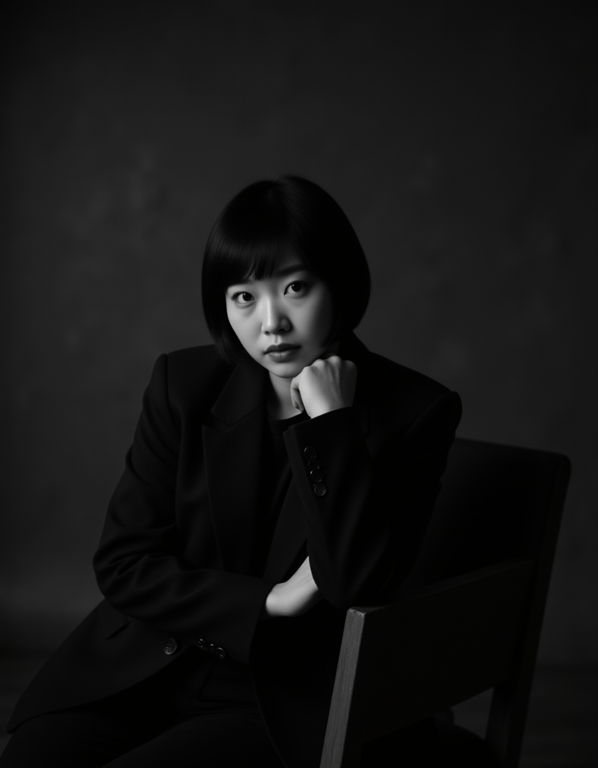 Black and white full-body portrait of a female model sitting gracefully on a chair. Elegant posture, moody lighting, artistic monochrome atmosphere.