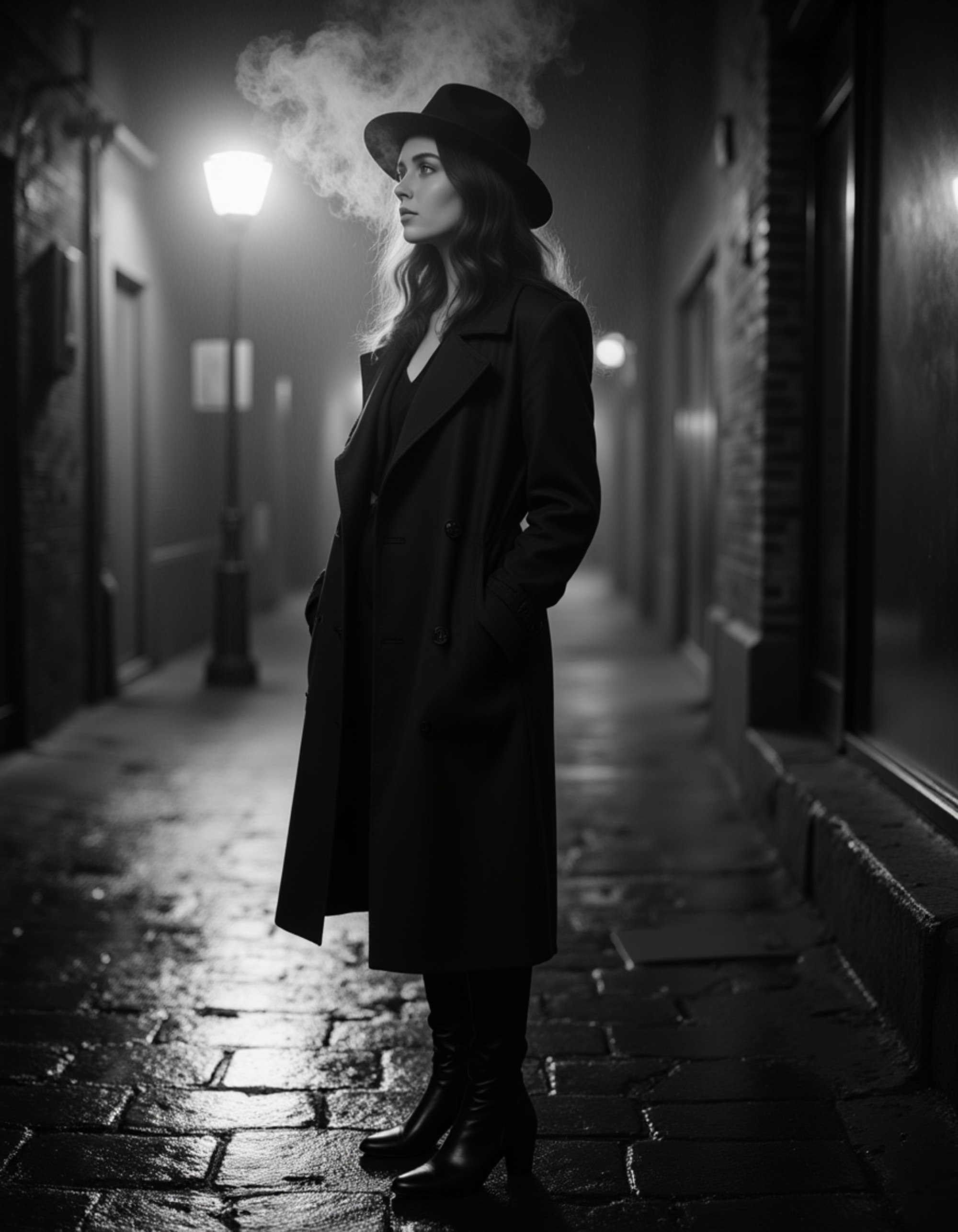 female model as a femme fatale standing under a flickering streetlamp in the rain, wearing a long trench coat and fedora, cigarette smoke curling around her face, reflections on wet cobblestone streets, cinematic black and white film noir style