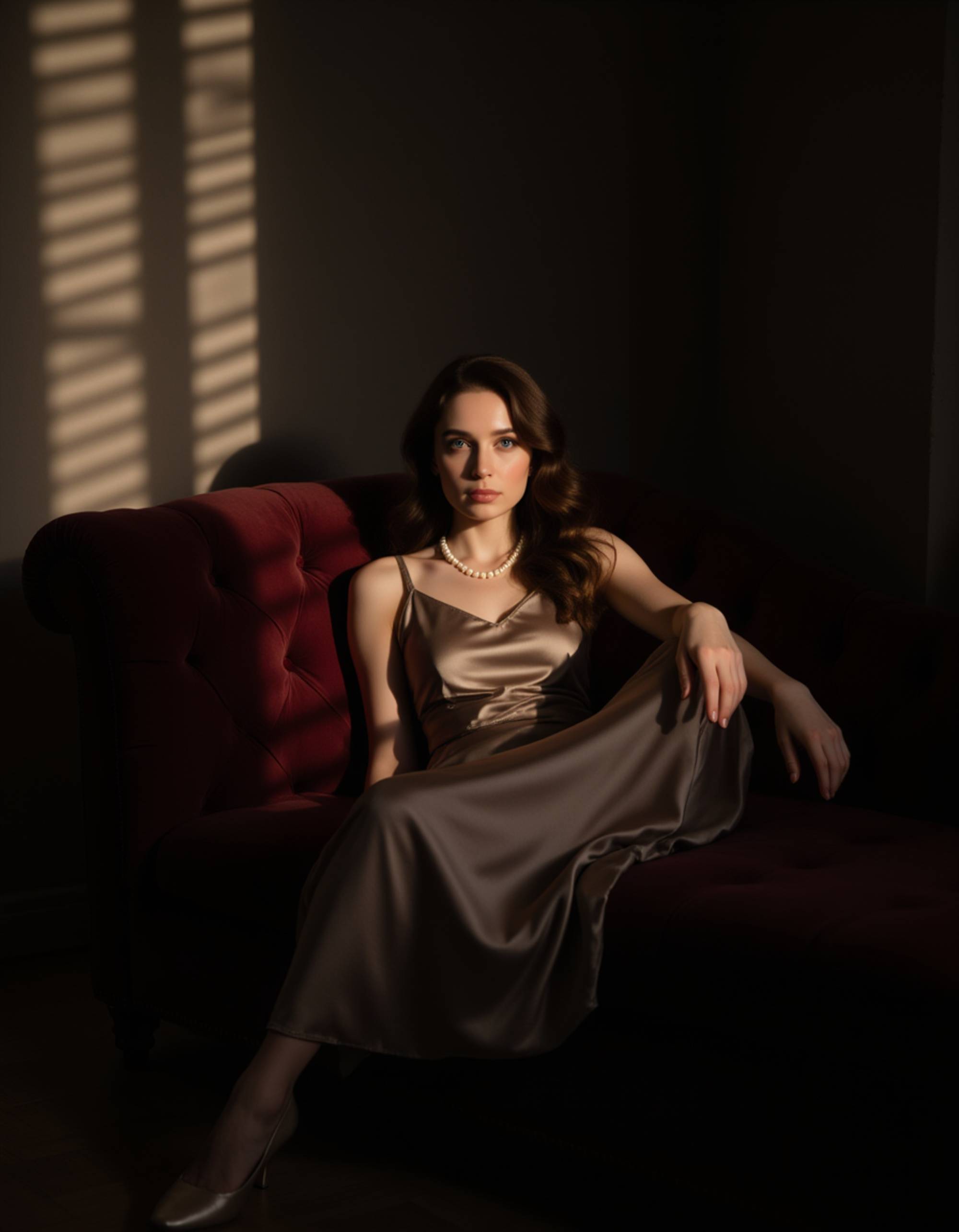 female model lounging on a velvet chaise in a dimly lit apartment, wearing a satin evening gown and pearls, blinds casting striped shadows across her face, moody lighting and deep shadows in vintage film noir aesthetic