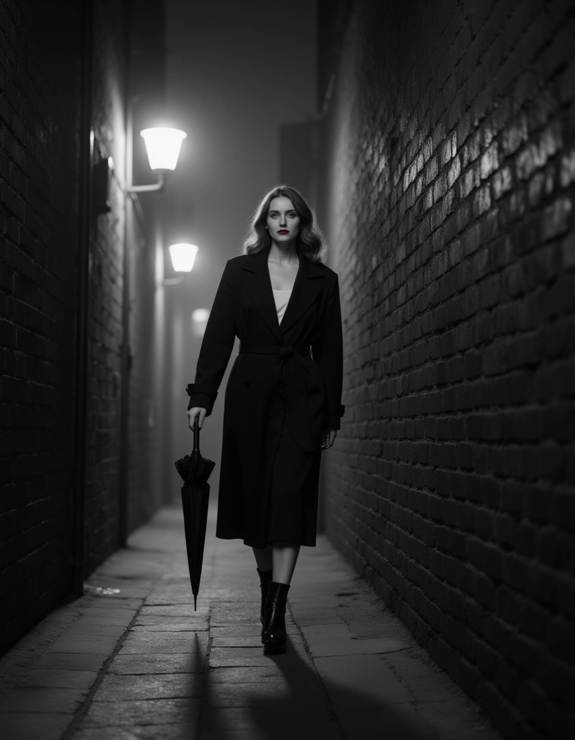female model walking through a misty alleyway at night, holding an umbrella and wearing a tailored trench coat with red lipstick visible even in monochrome, dramatic chiaroscuro lighting, classic 1940s noir atmosphere