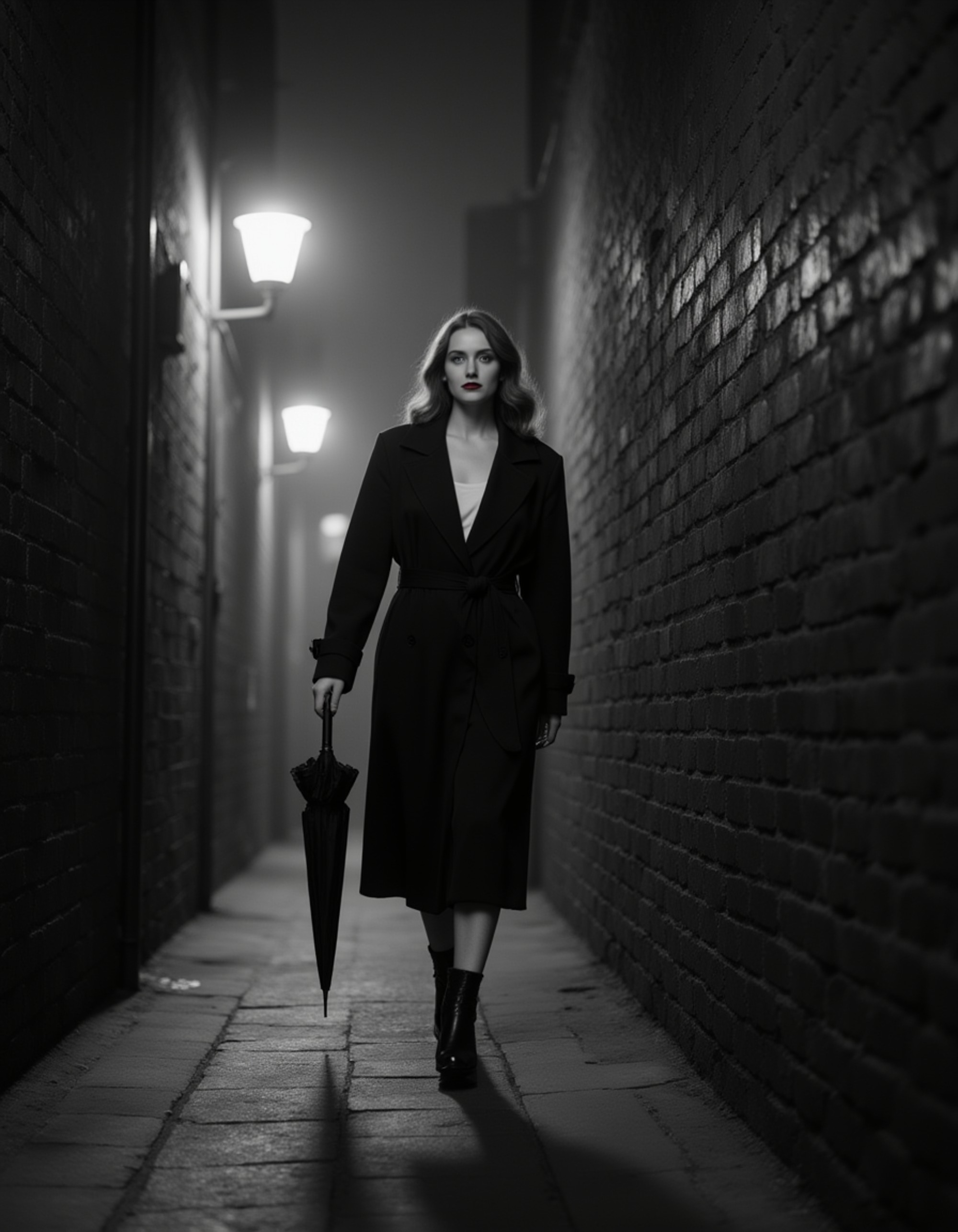 female model walking through a misty alleyway at night, holding an umbrella and wearing a tailored trench coat with red lipstick visible even in monochrome, dramatic chiaroscuro lighting, classic 1940s noir atmosphere