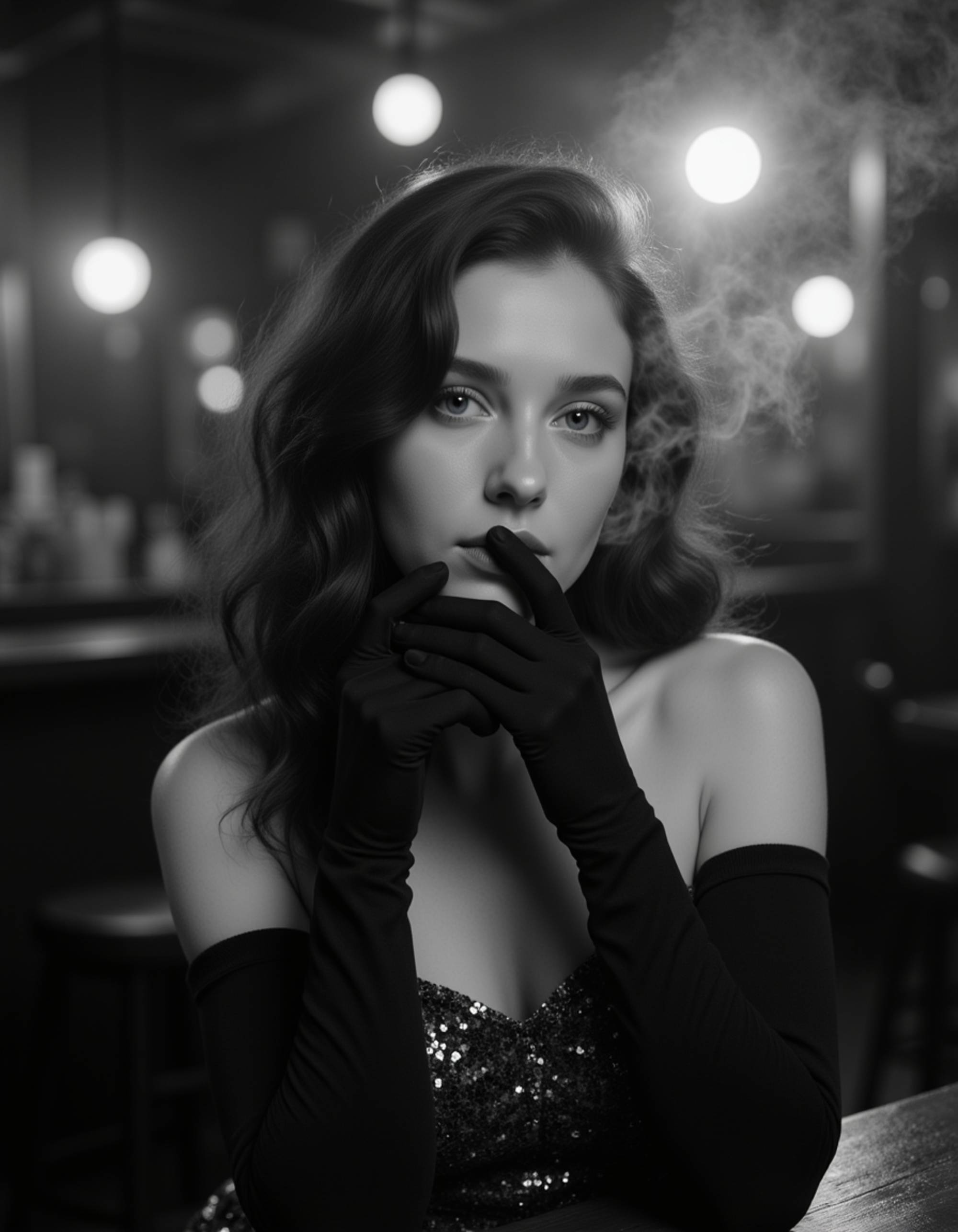 female model sitting at a bar counter in a smoky jazz club, wearing a glittering sequin dress and opera gloves, soft light highlighting her eyes while cigarette smoke swirls, black and white cinematic composition with sharp contrasts