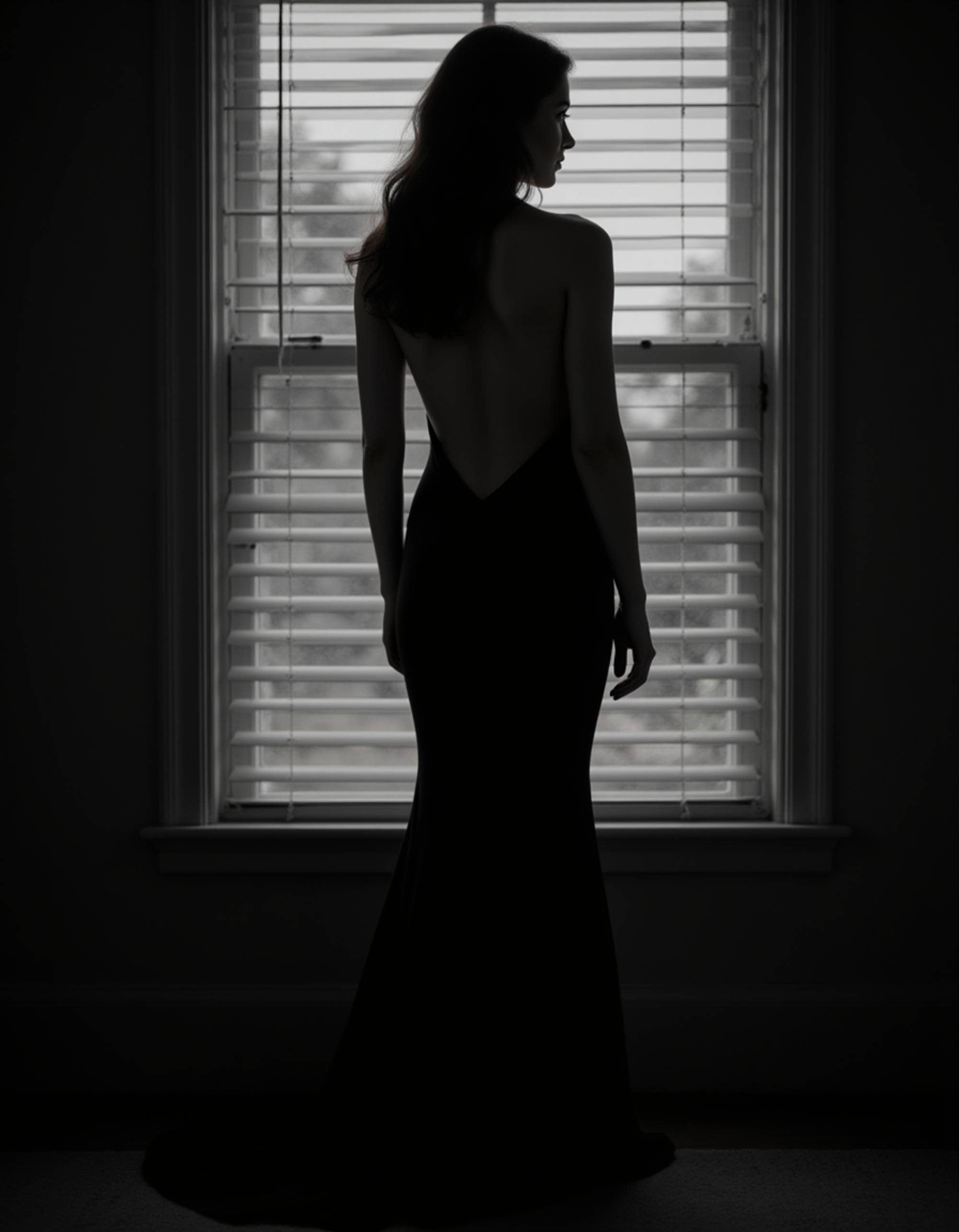 female model standing by a window with venetian blinds, wearing a backless evening gown, soft moonlight illuminating her silhouette, mysterious and elegant pose captured in high-contrast black and white photography