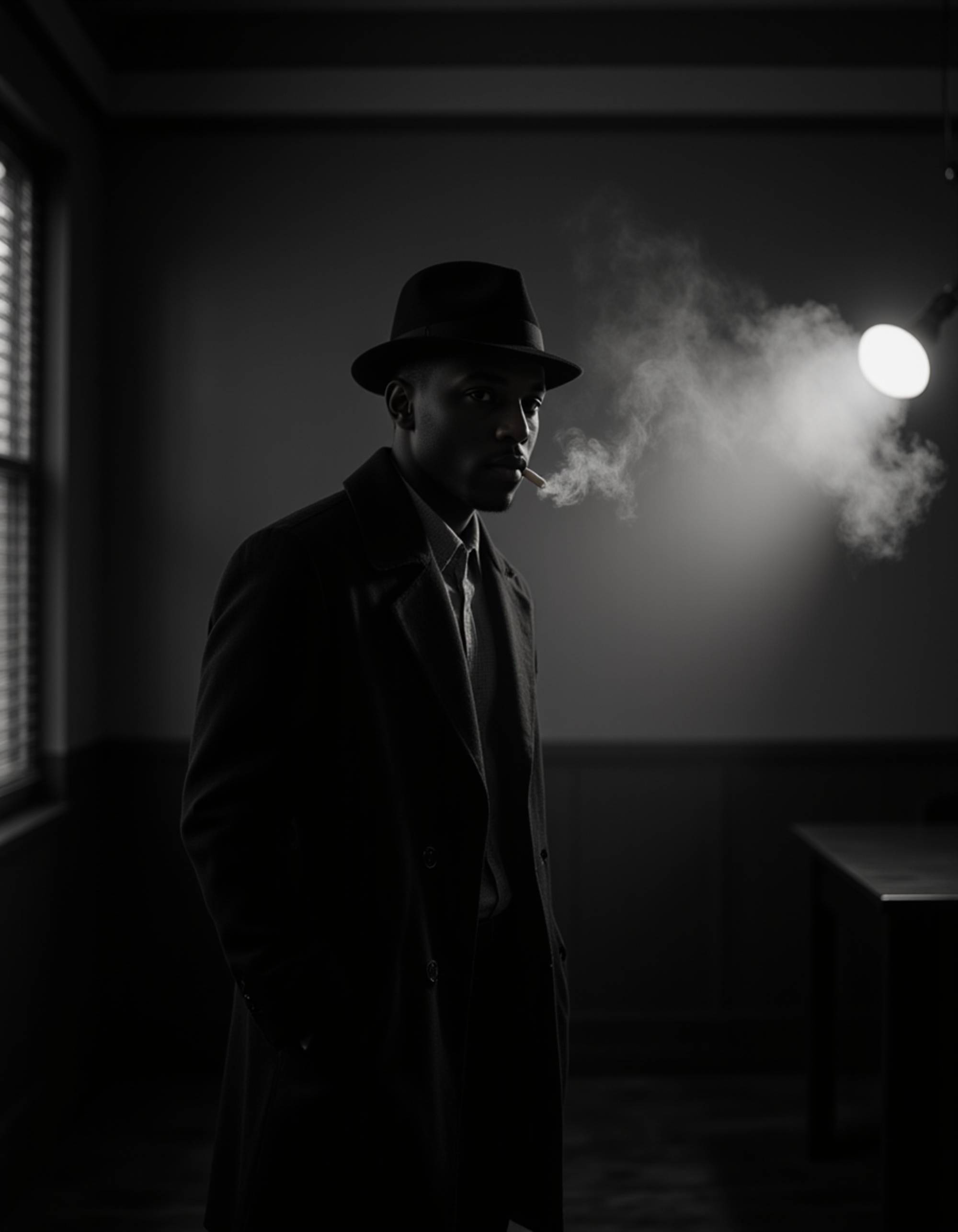male model as a hard-boiled detective in a dimly lit office, wearing a fedora and trench coat, cigarette smoke curling through the air, venetian blinds casting sharp shadows across his face, moody black and white film noir lighting