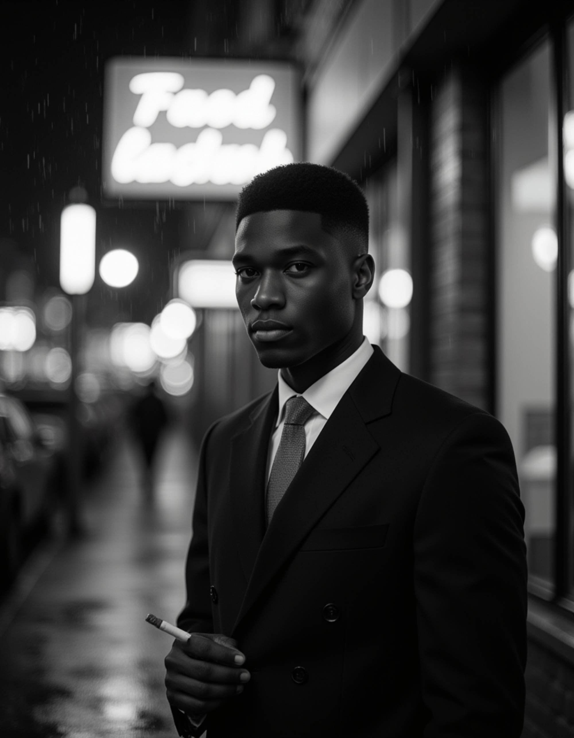 male model standing under a neon sign in the rain, wearing a classic 1940s suit and tie, holding a cigarette with a distant stare, reflections glistening on wet pavement, cinematic black and white noir atmosphere