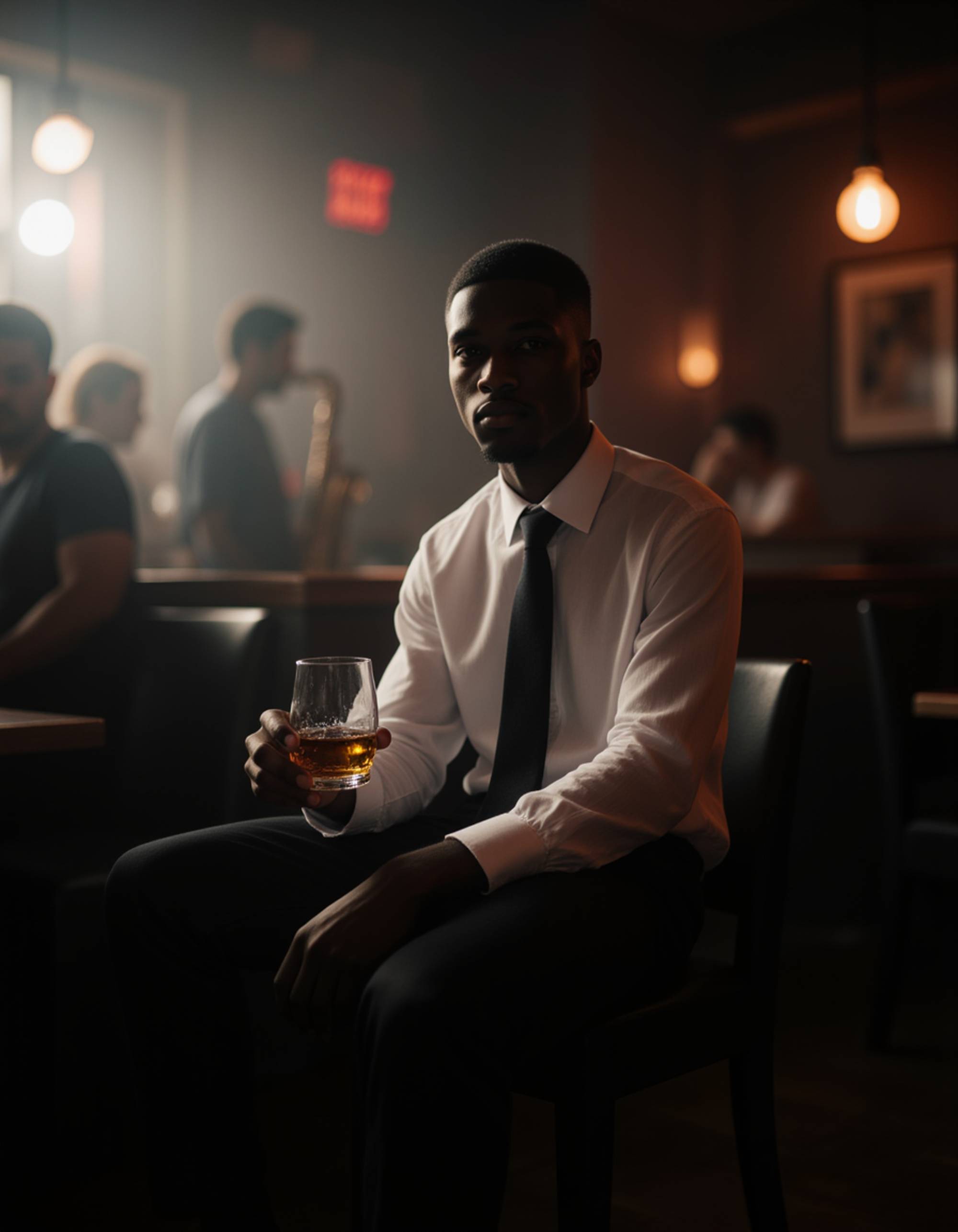 male model sitting in a smoky jazz club corner, wearing a loosened tie and rolled-up sleeves, glass of whiskey in hand, piano and silhouettes in the background, dramatic lighting and high-contrast shadows