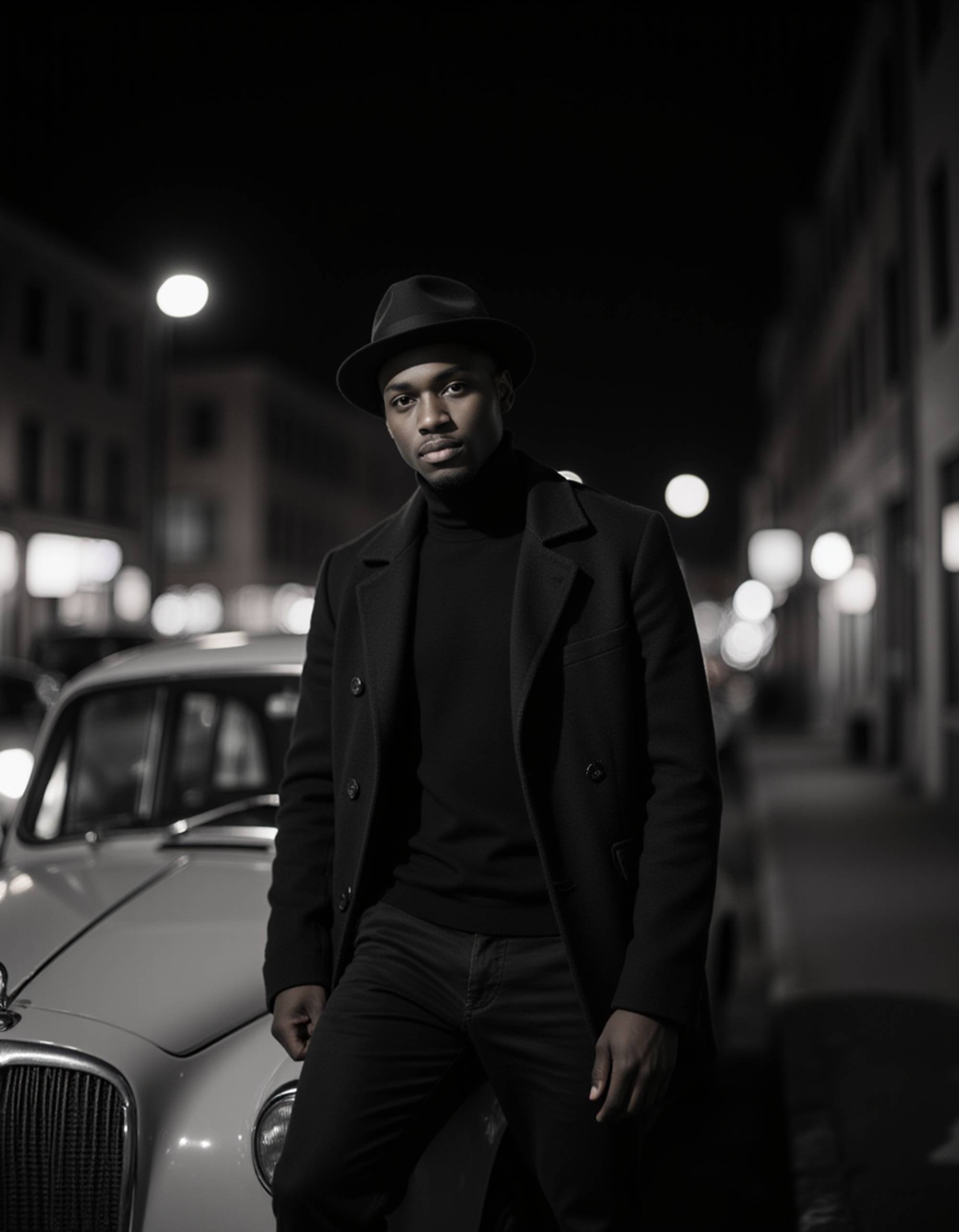 male model leaning against a vintage car at night, wearing a double-breasted coat and fedora, city lights faintly illuminating his features, mysterious and moody noir photography in black and white