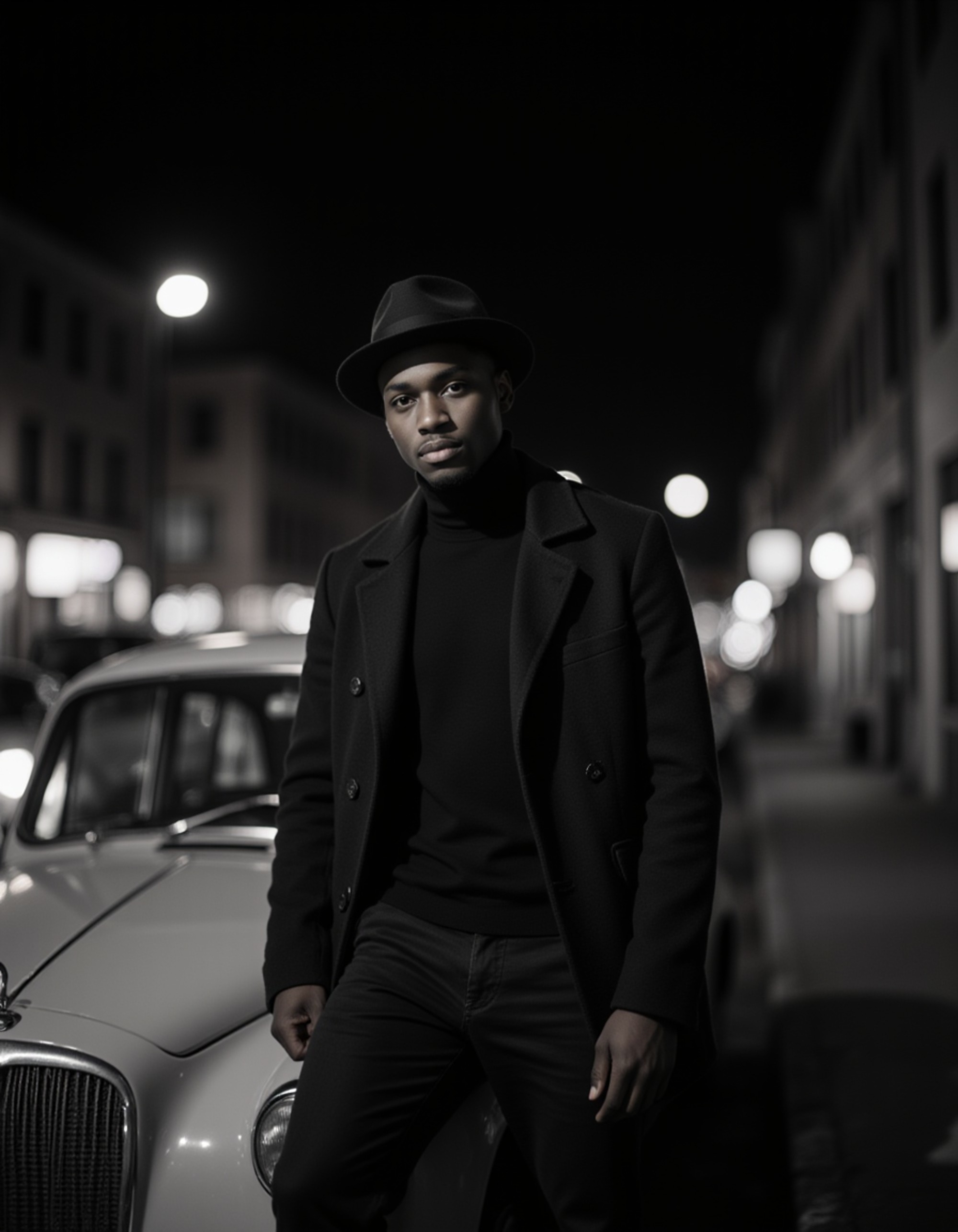 male model leaning against a vintage car at night, wearing a double-breasted coat and fedora, city lights faintly illuminating his features, mysterious and moody noir photography in black and white