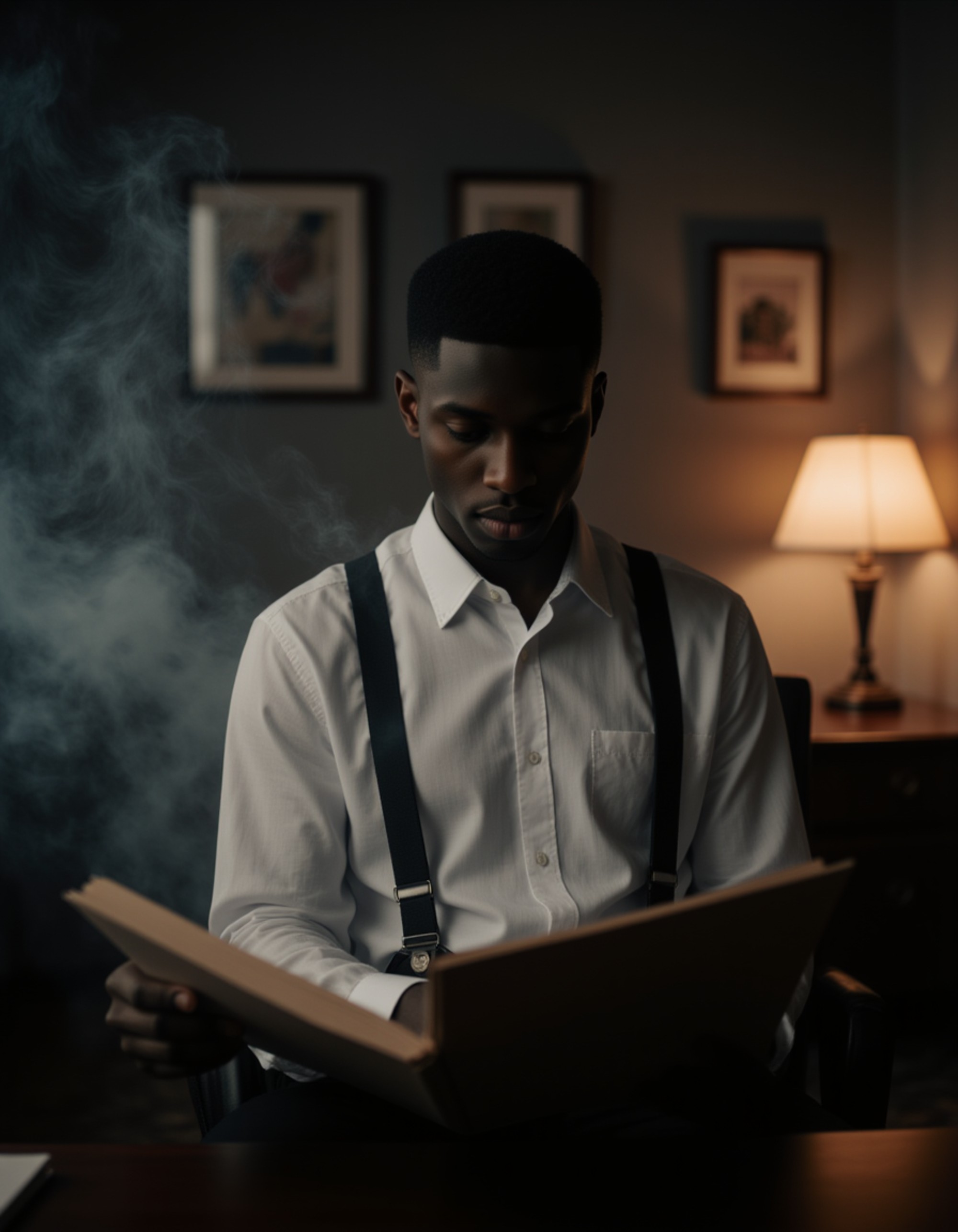 male model in a detective’s office filled with cigarette smoke, wearing suspenders and a loosened tie, reading a confidential file under a desk lamp, intense shadows and noir-style cinematic composition
