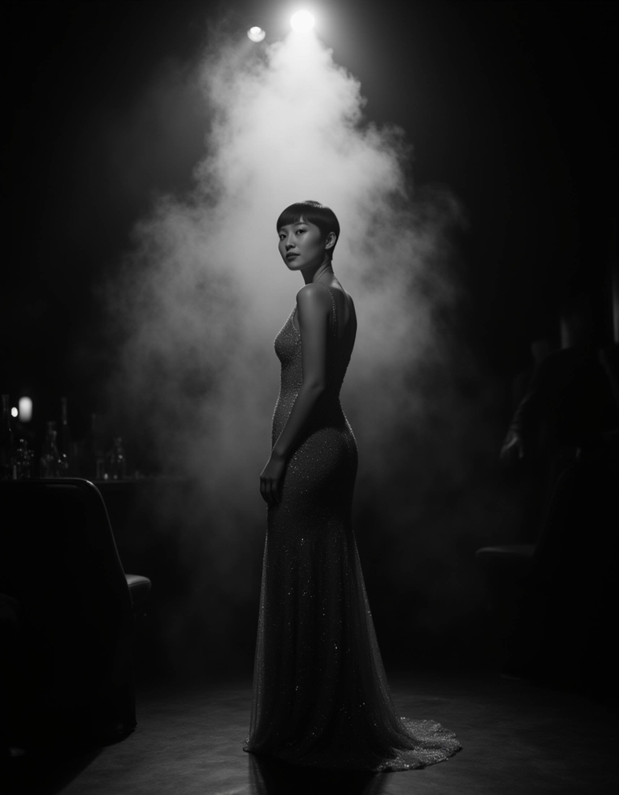 female model as a glamorous nightclub singer on stage, wearing a sparkling gown and vintage hairstyle, spotlight illuminating her as smoke drifts across the scene, moody 1940s film noir lighting in black and white
