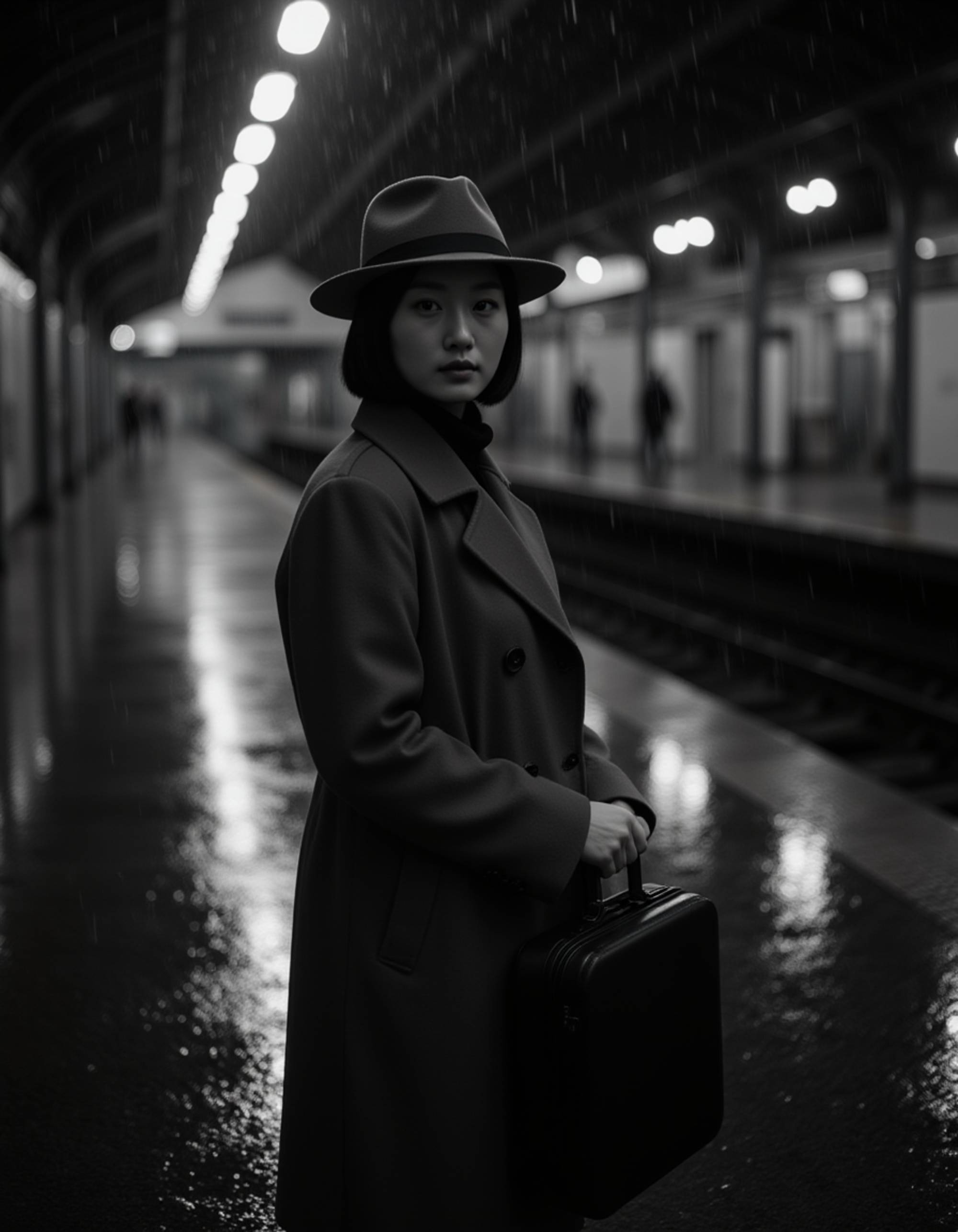 female model standing at a rain-soaked train station at night, wearing a long trench coat and wide-brimmed hat, holding a suitcase, dim light reflecting on the wet platform, dramatic black and white cinematic atmosphere