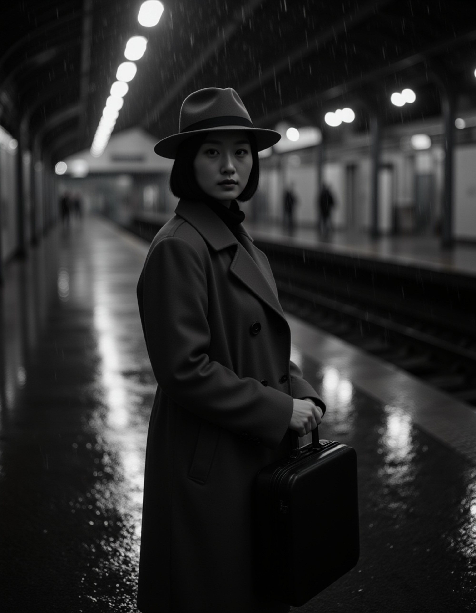 female model standing at a rain-soaked train station at night, wearing a long trench coat and wide-brimmed hat, holding a suitcase, dim light reflecting on the wet platform, dramatic black and white cinematic atmosphere